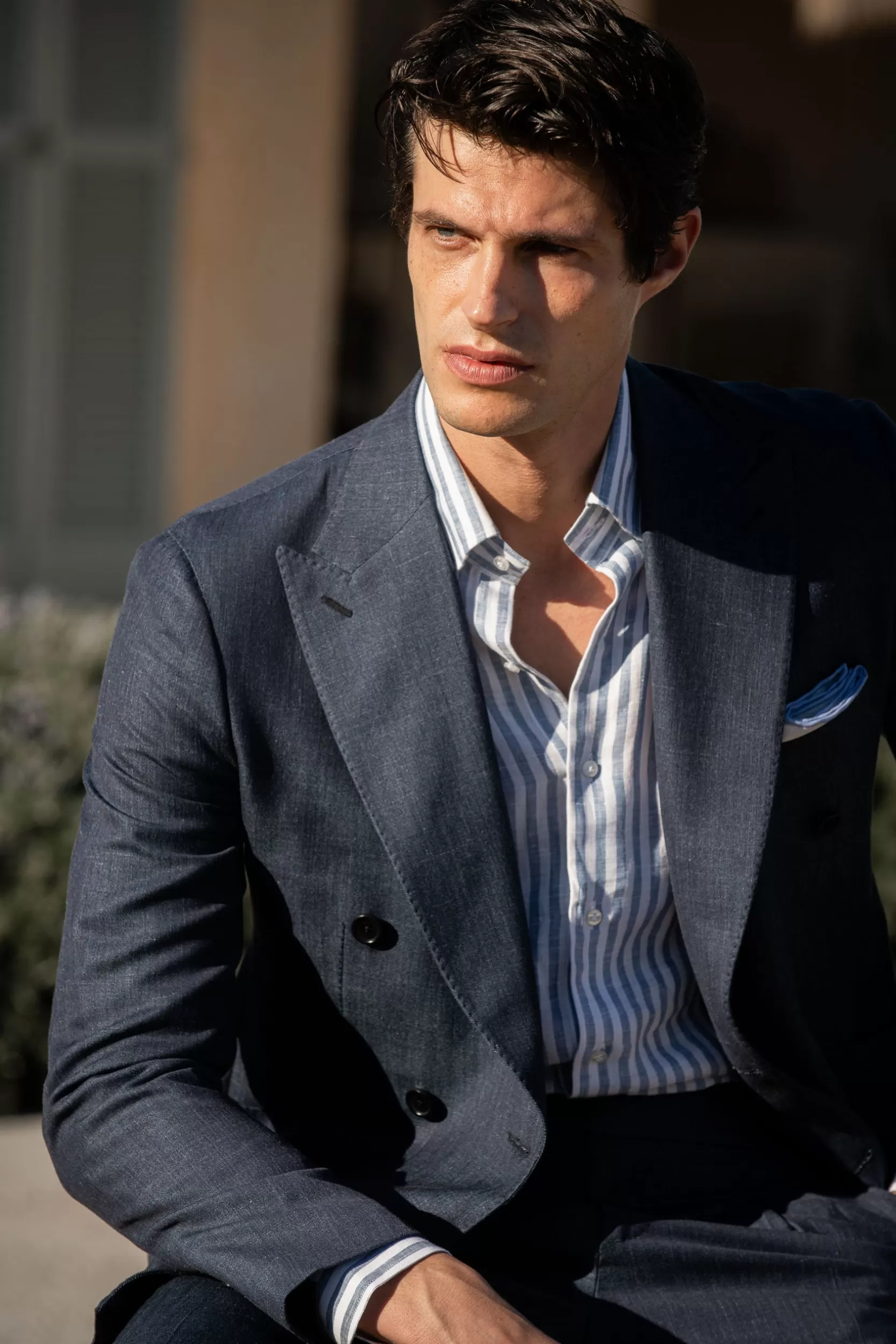 Best Sale Pini Parma Abito Doppiopetto Denim In Tessuto Loro Piana - Made In Italy