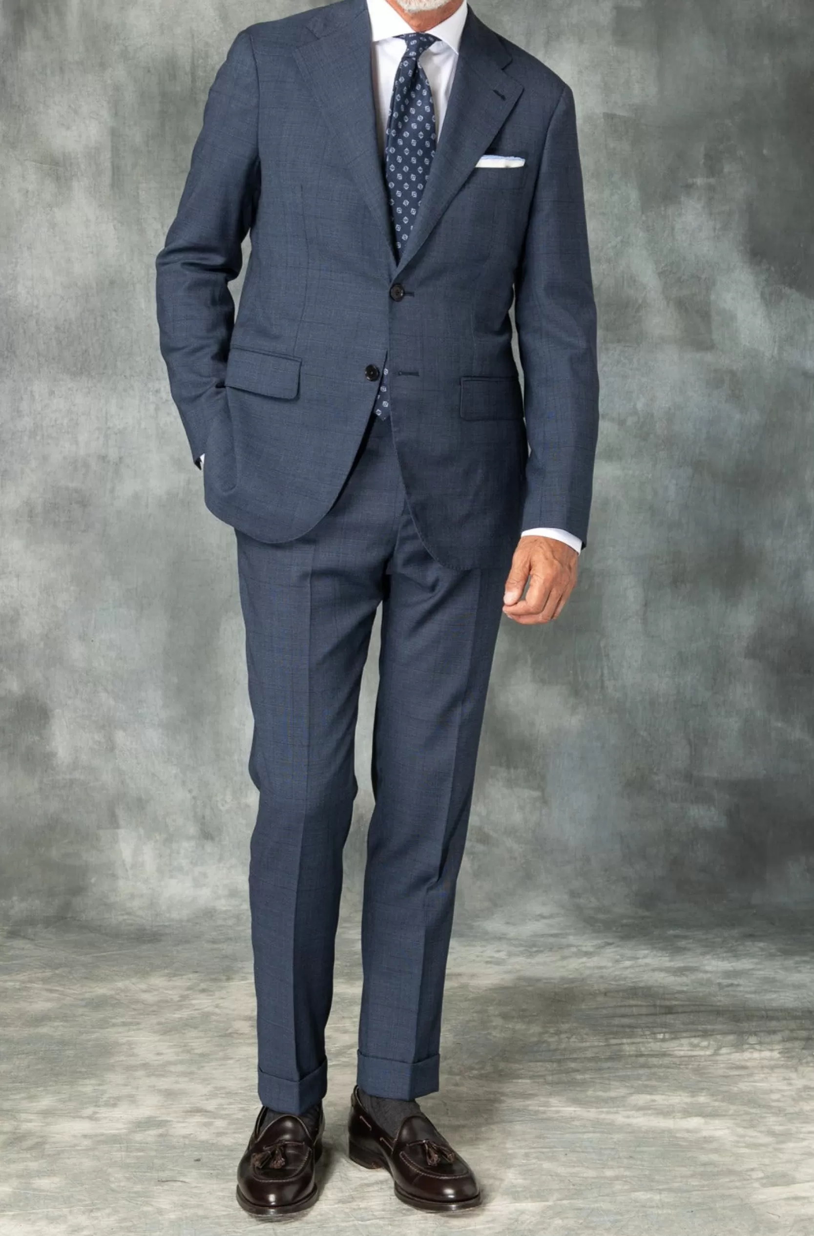New Pini Parma Abito Full Canvas Principe Di Galles Blu In Lana Loro Piana - Made In Italy Blue Avio