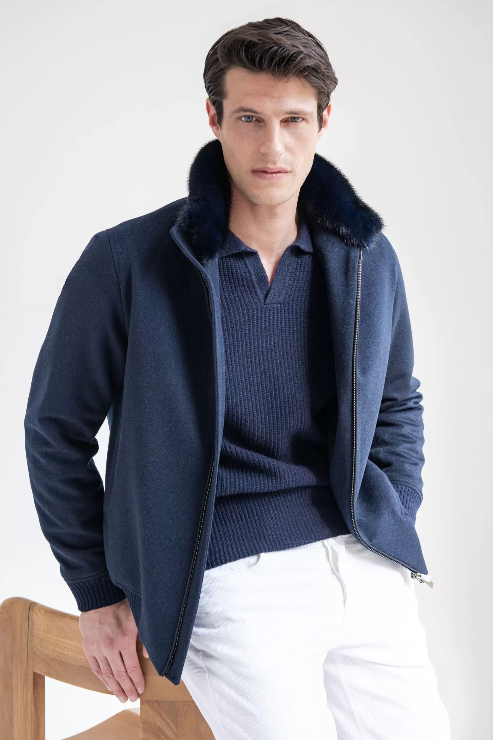 Best Sale Pini Parma Bomber Con Collo In Visone Removibile – Made In Italy Blu