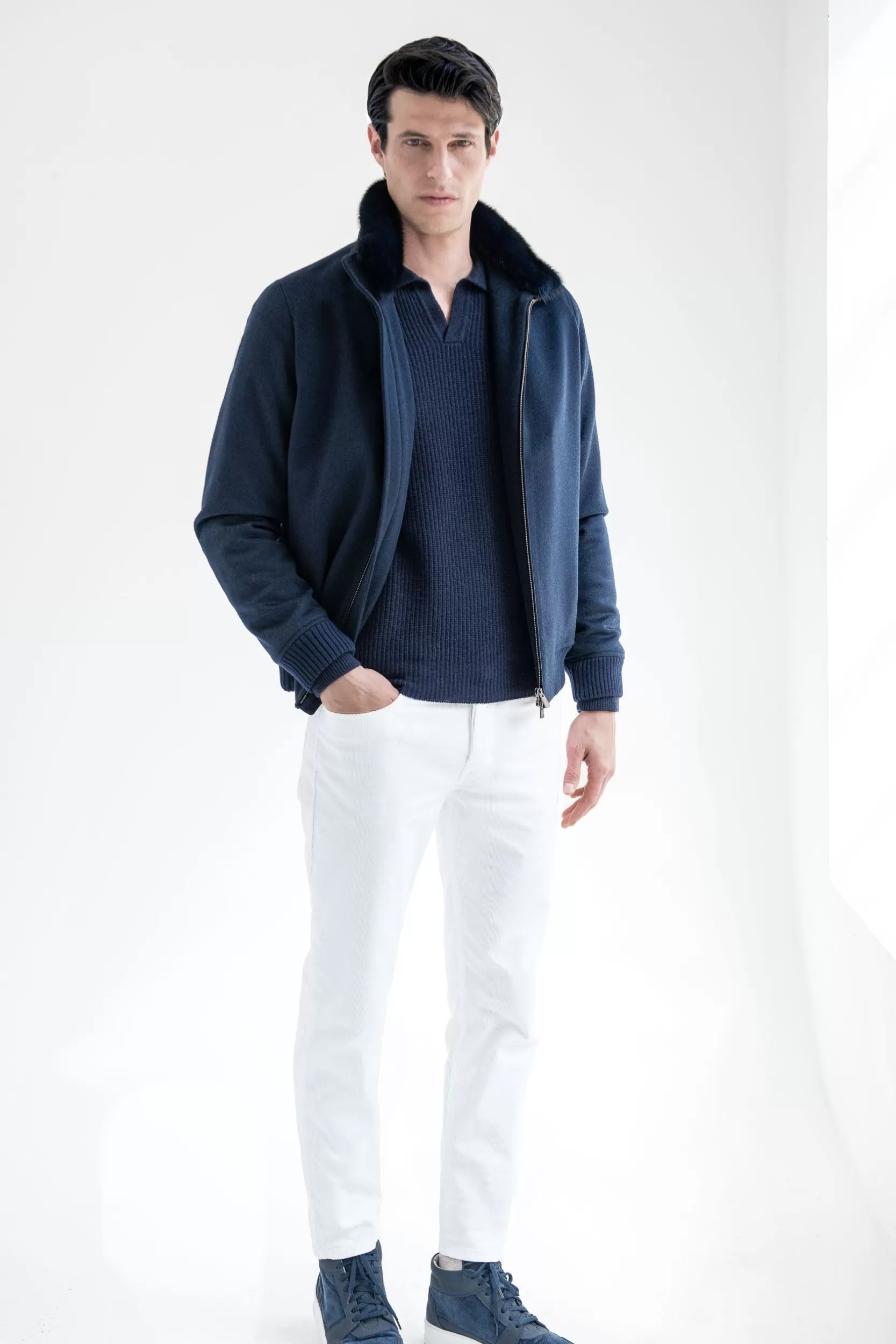 Best Sale Pini Parma Bomber Con Collo In Visone Removibile – Made In Italy Blu