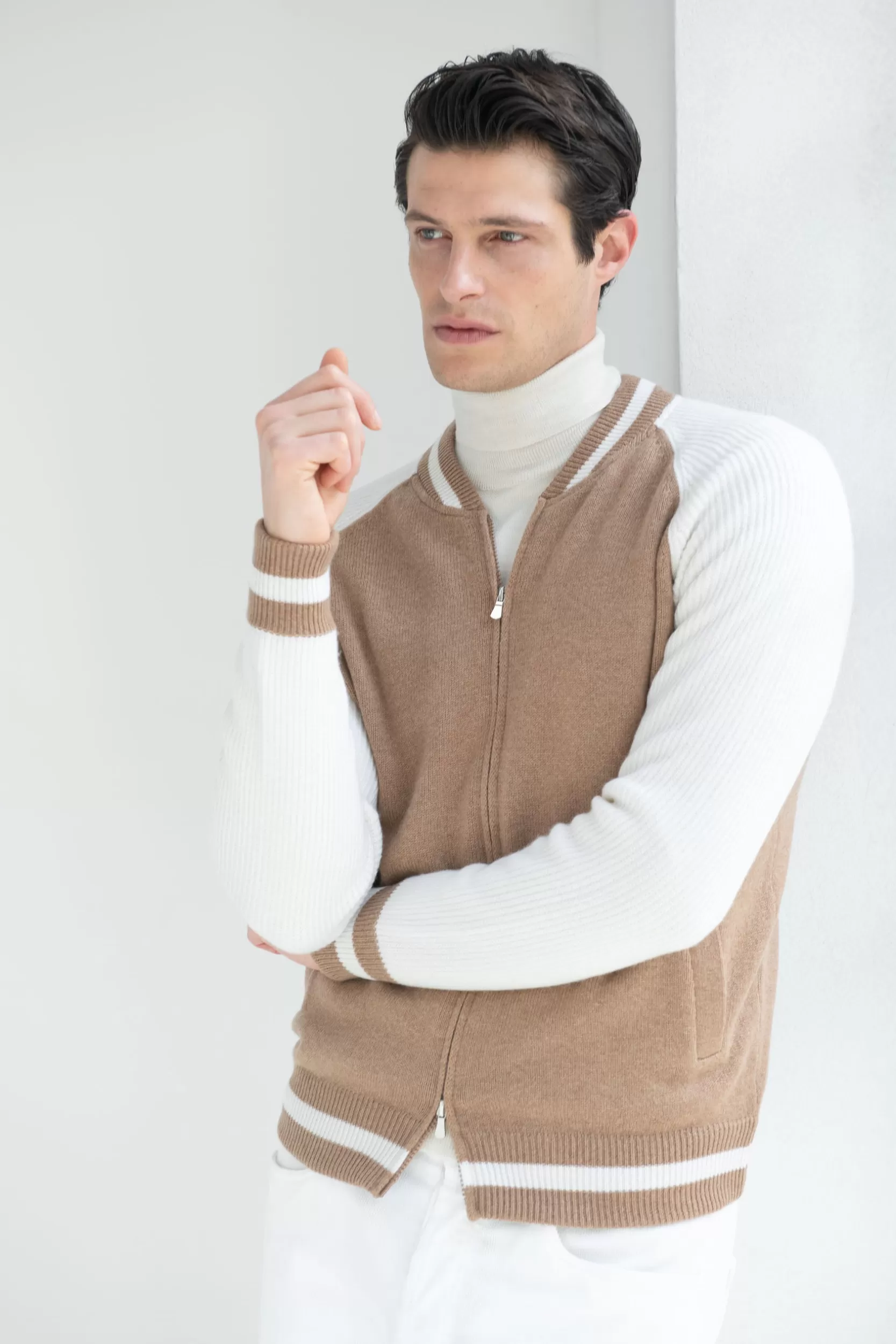 Flash Sale Pini Parma Bomber College Lavorato A Maglia - Made In Italy Beige
