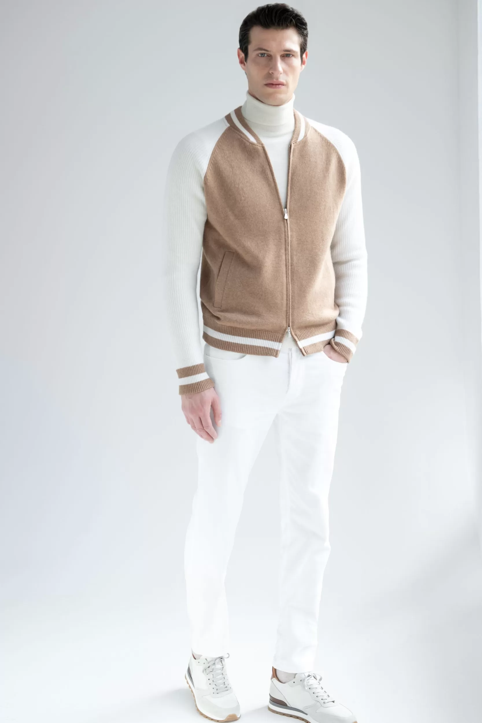Flash Sale Pini Parma Bomber College Lavorato A Maglia - Made In Italy Beige
