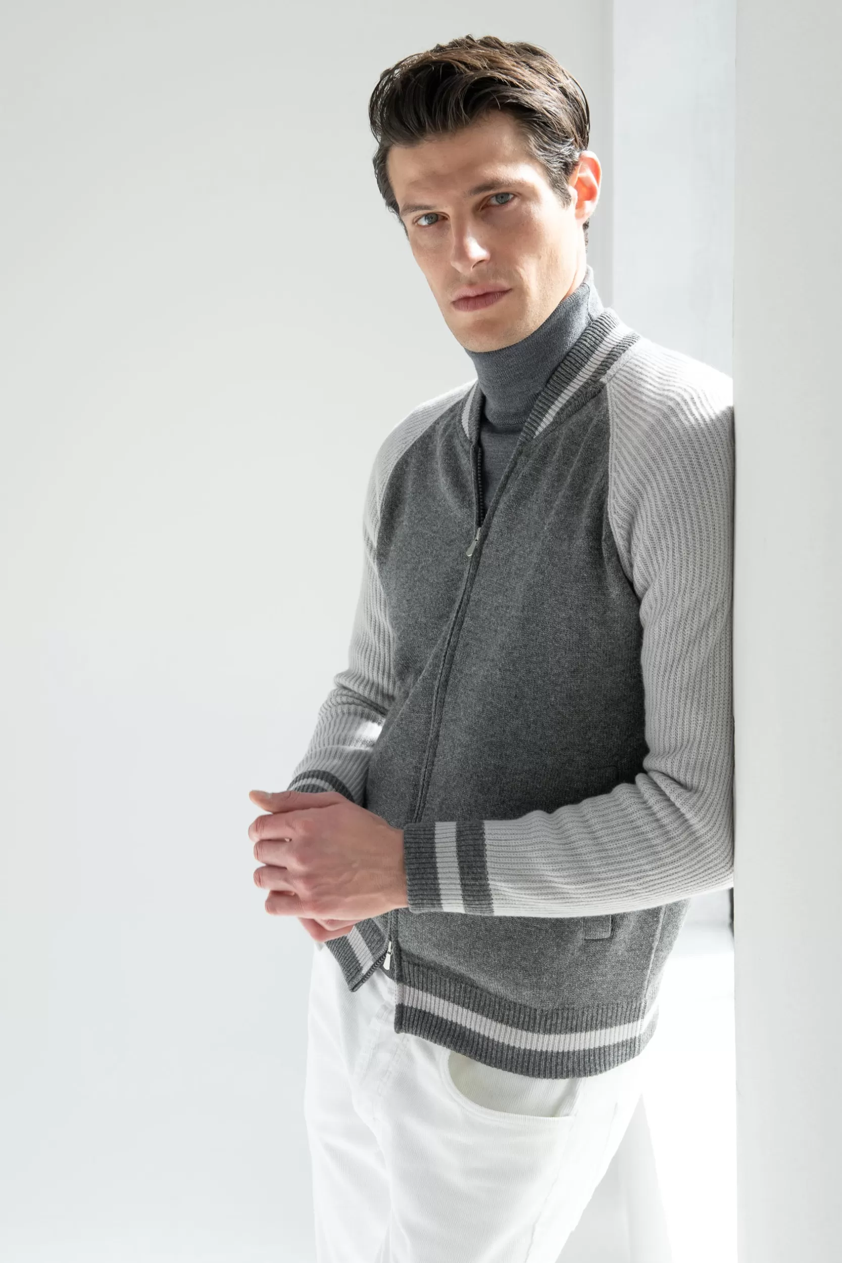 Store Pini Parma Bomber College Lavorato A Maglia - Made In Italy Grigio