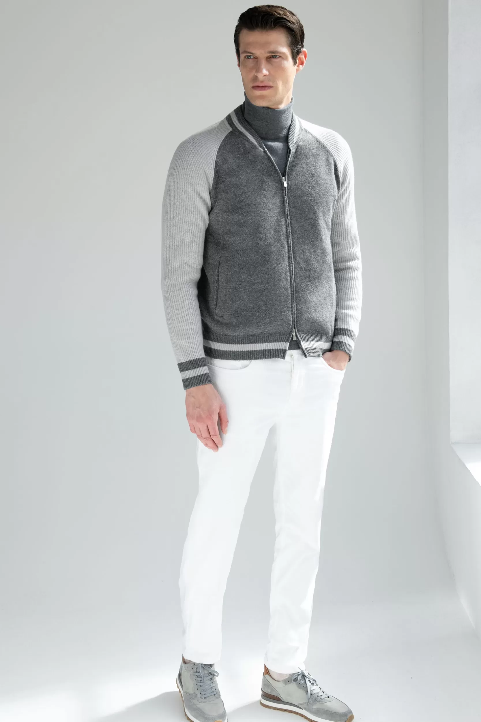 Store Pini Parma Bomber College Lavorato A Maglia - Made In Italy Grigio