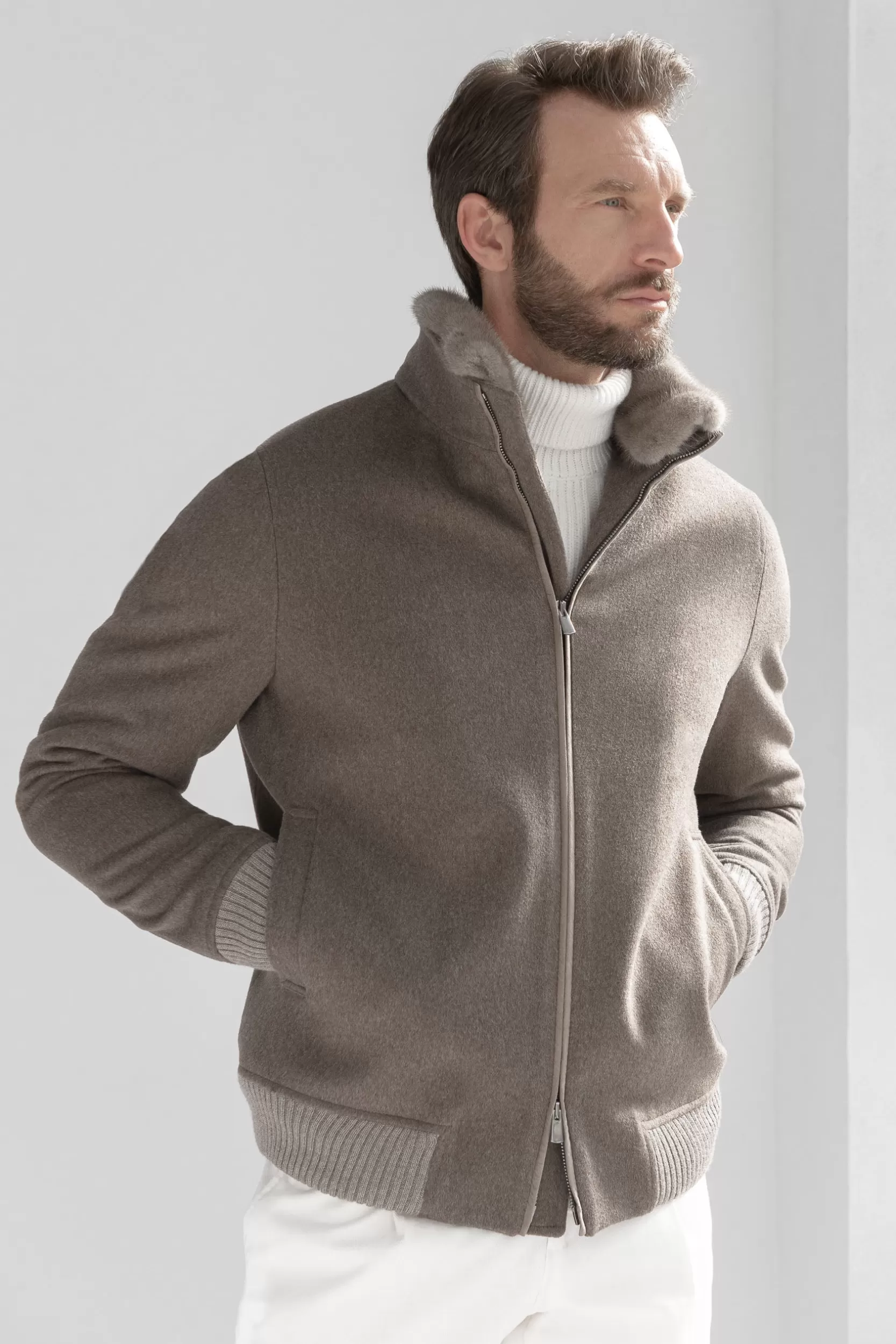 Discount Pini Parma Bomber Color Tortora Con Collo In Visone Removibile – Made In Italy Talpa