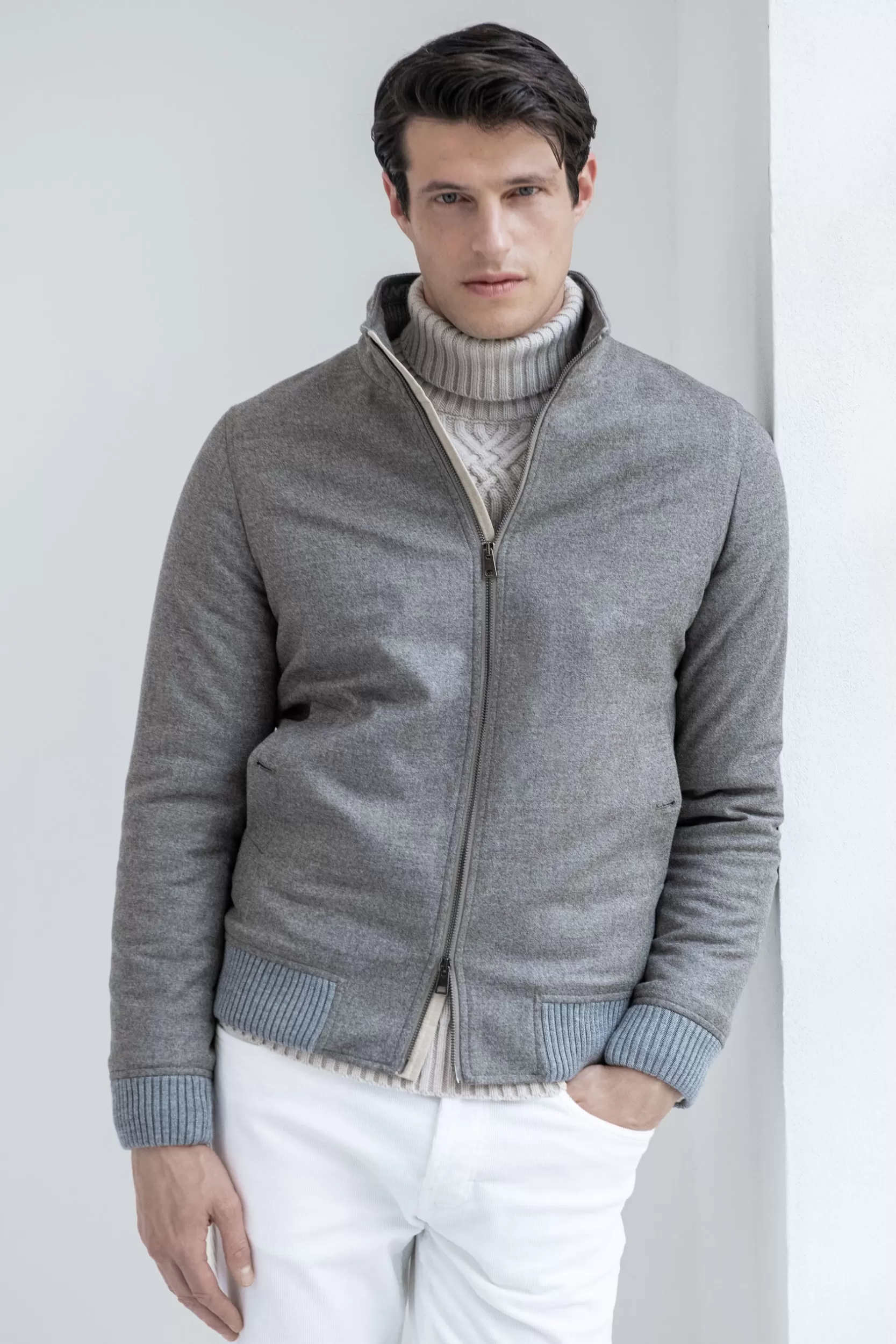 Sale Pini Parma Bomber Imbottito Color Tortora In Lana E Cashmere Loro Piana – Made In Italy