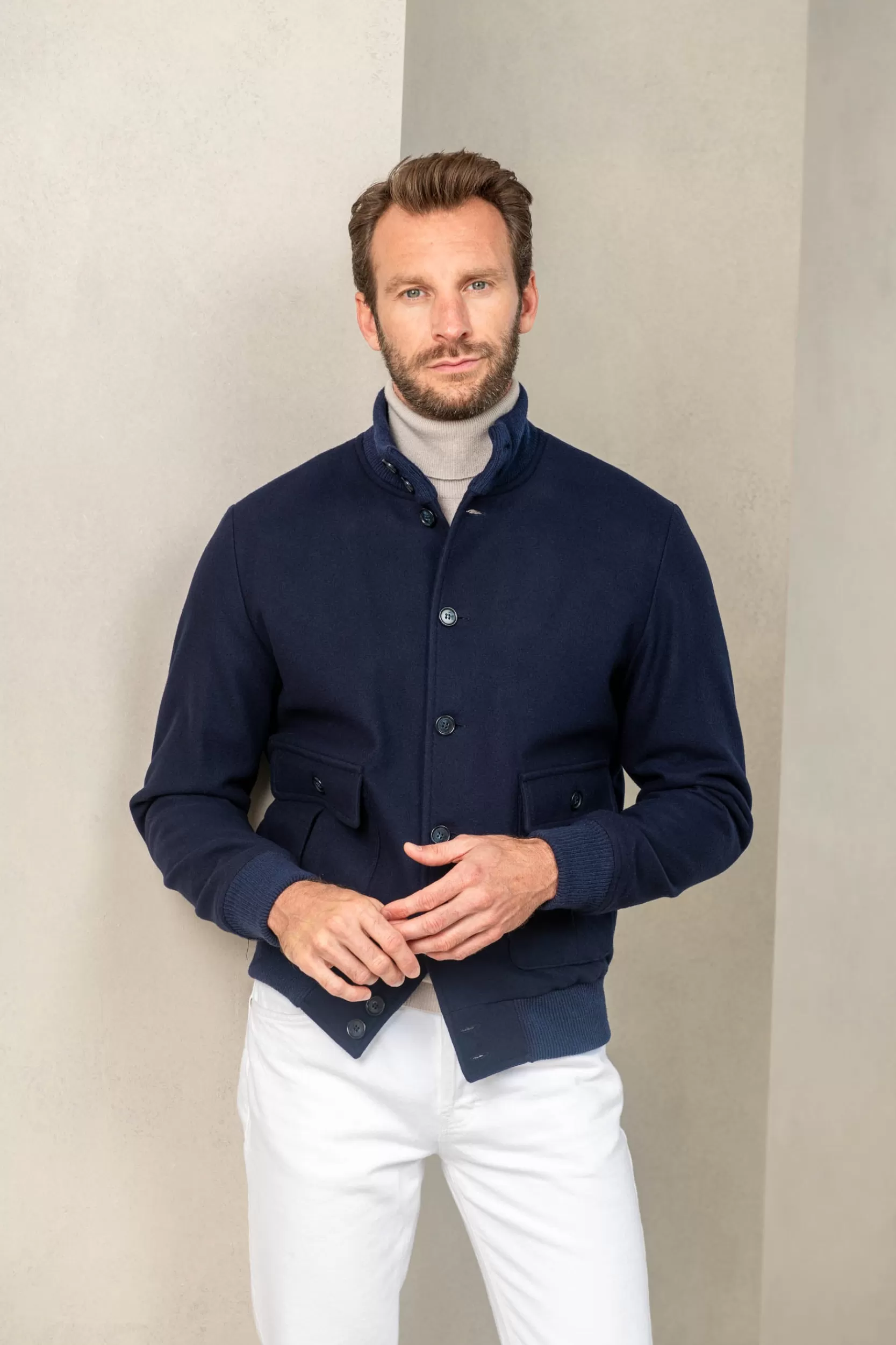 Outlet Pini Parma Bomber In Flanella Di Lana Super 180's – Made In Italy Blu