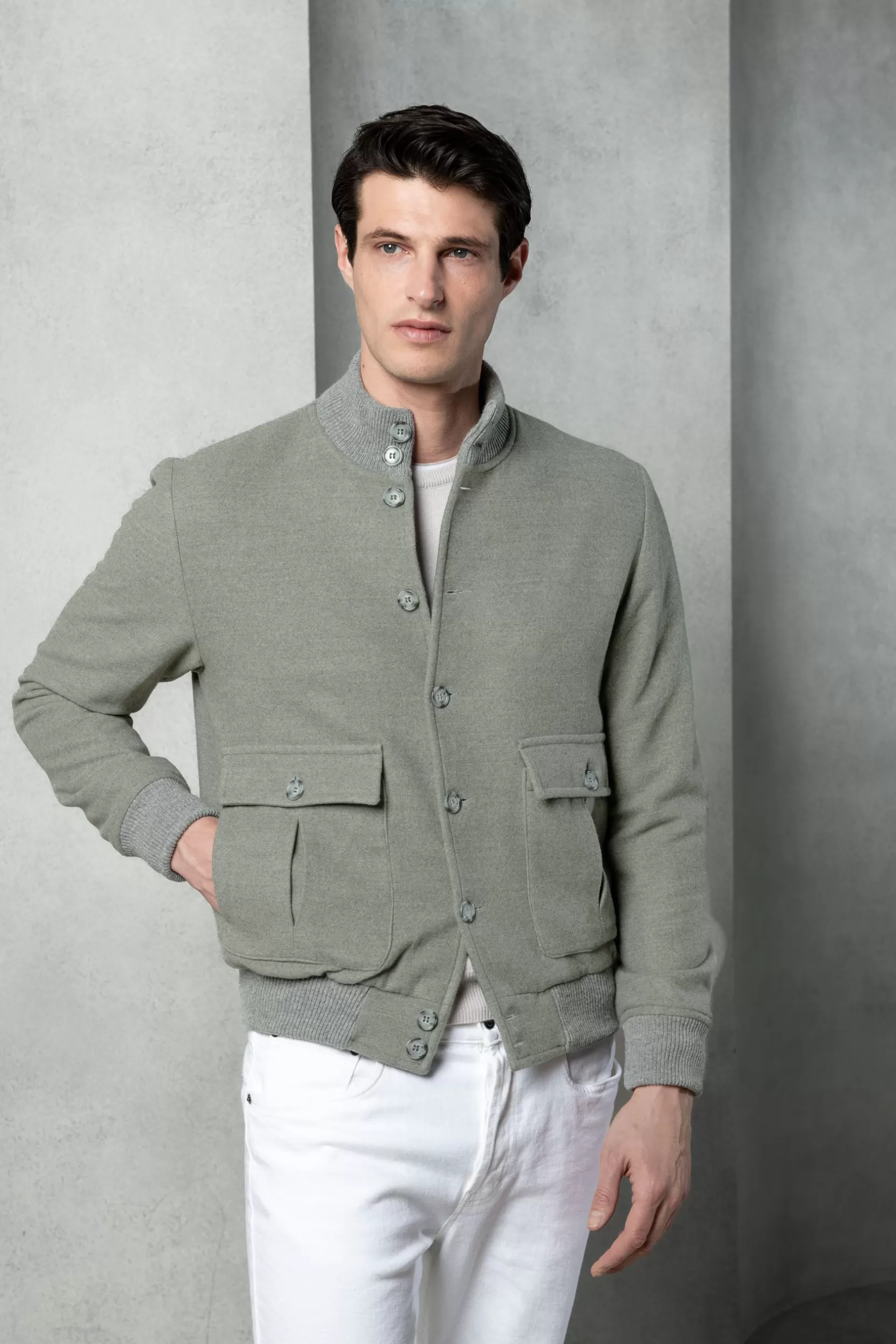 Shop Pini Parma Bomber In Flanella Di Lana Super 180's – Made In Italy Salvia