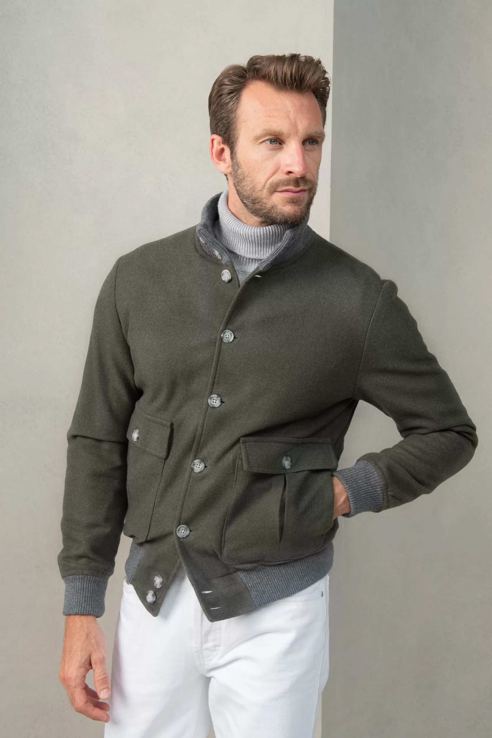 Fashion Pini Parma Bomber In Flanella Di Lana Super 180's – Made In Italy Verde