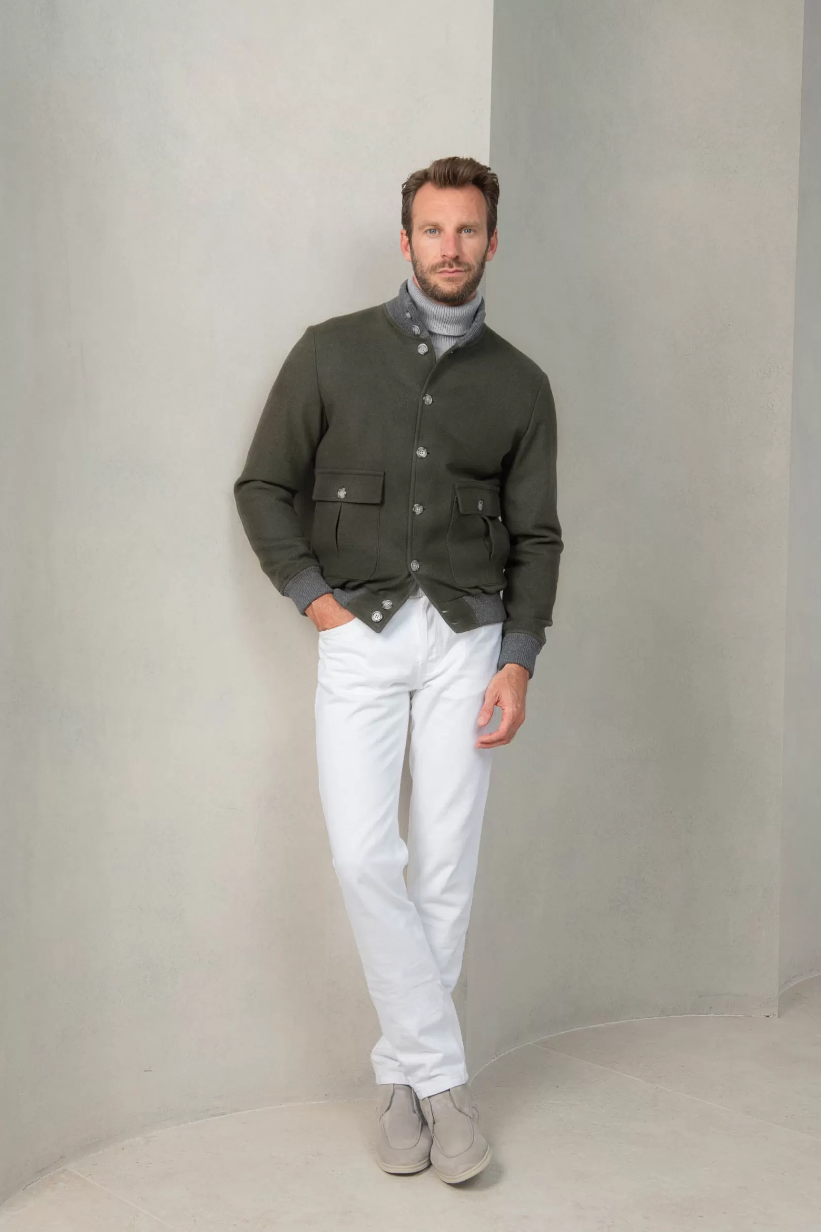 Fashion Pini Parma Bomber In Flanella Di Lana Super 180's – Made In Italy Verde