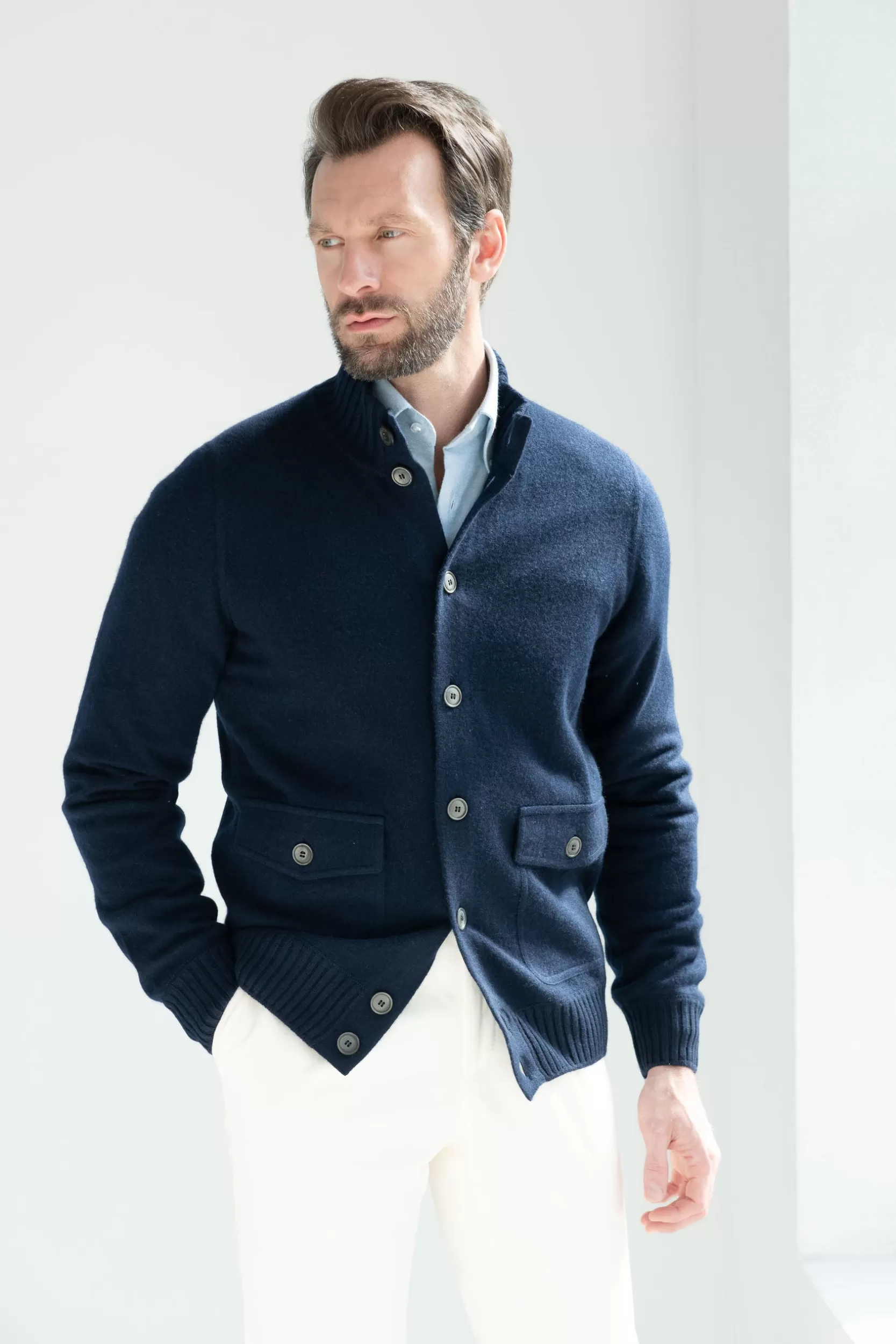 Hot Pini Parma Bomber In Maglia Di Cashmere – Made In Italy Blu