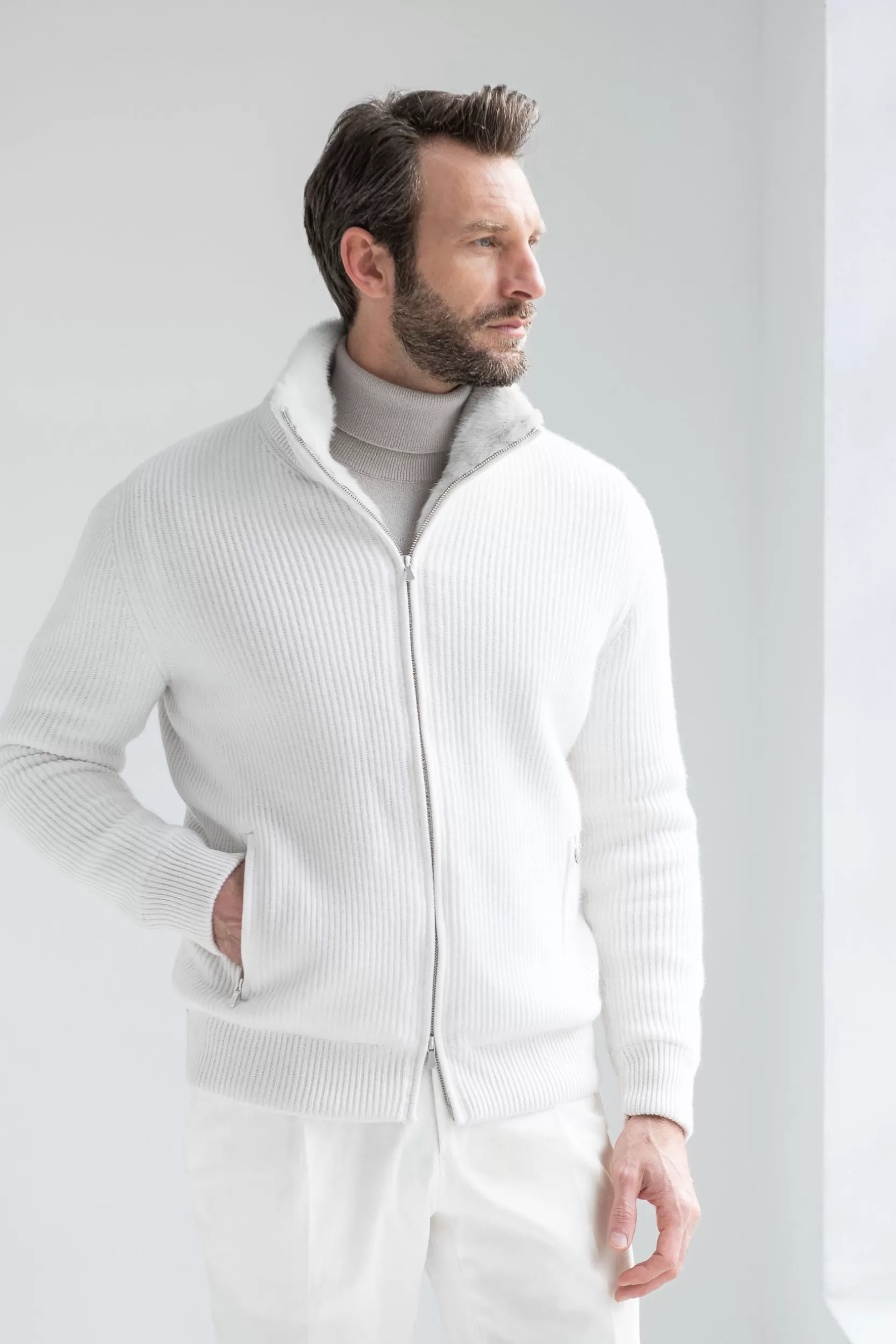 New Pini Parma Bomber In Maglia Di Cashmere Off-white Sporco Con Pelliccia - Made In Italy