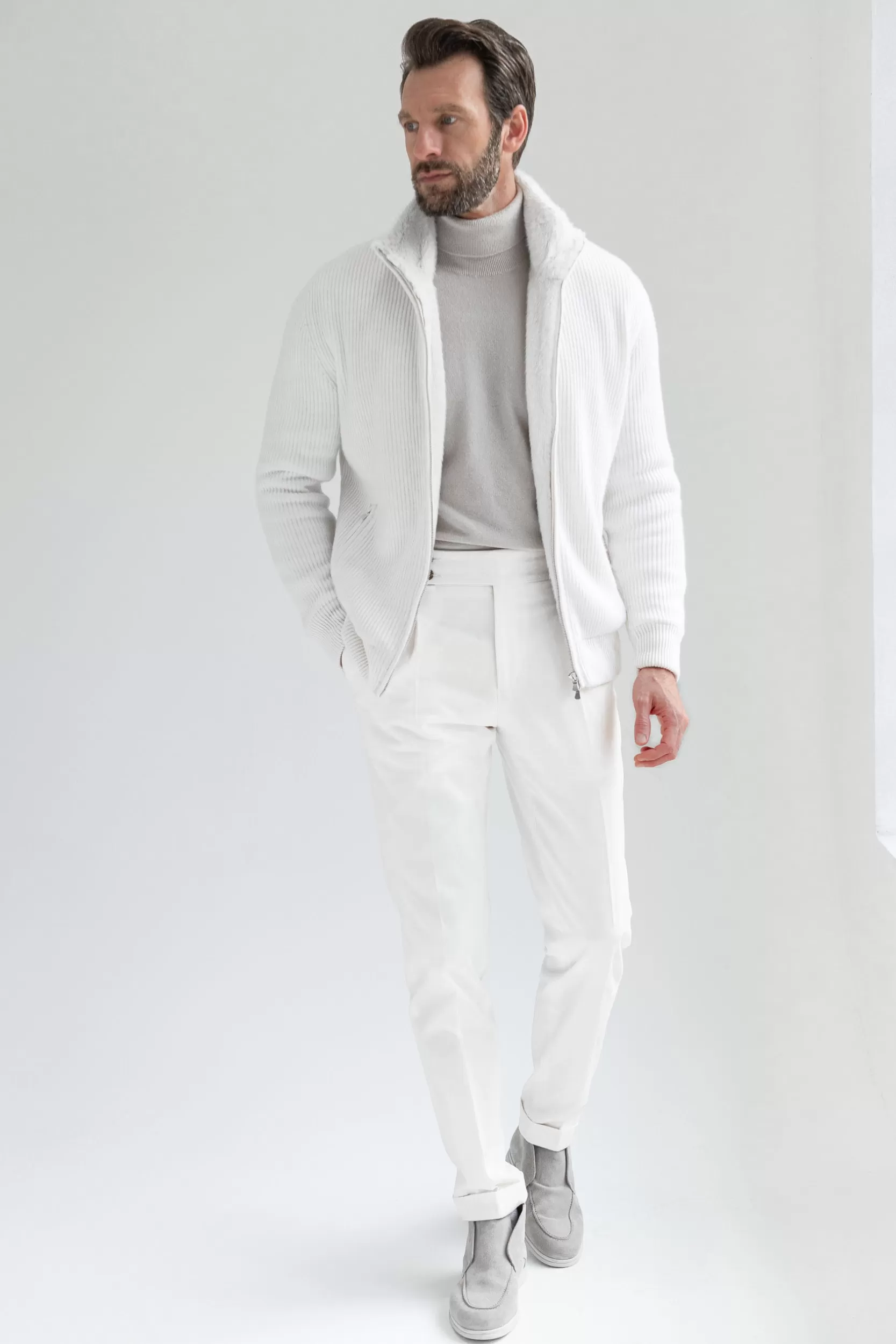 New Pini Parma Bomber In Maglia Di Cashmere Off-white Sporco Con Pelliccia - Made In Italy