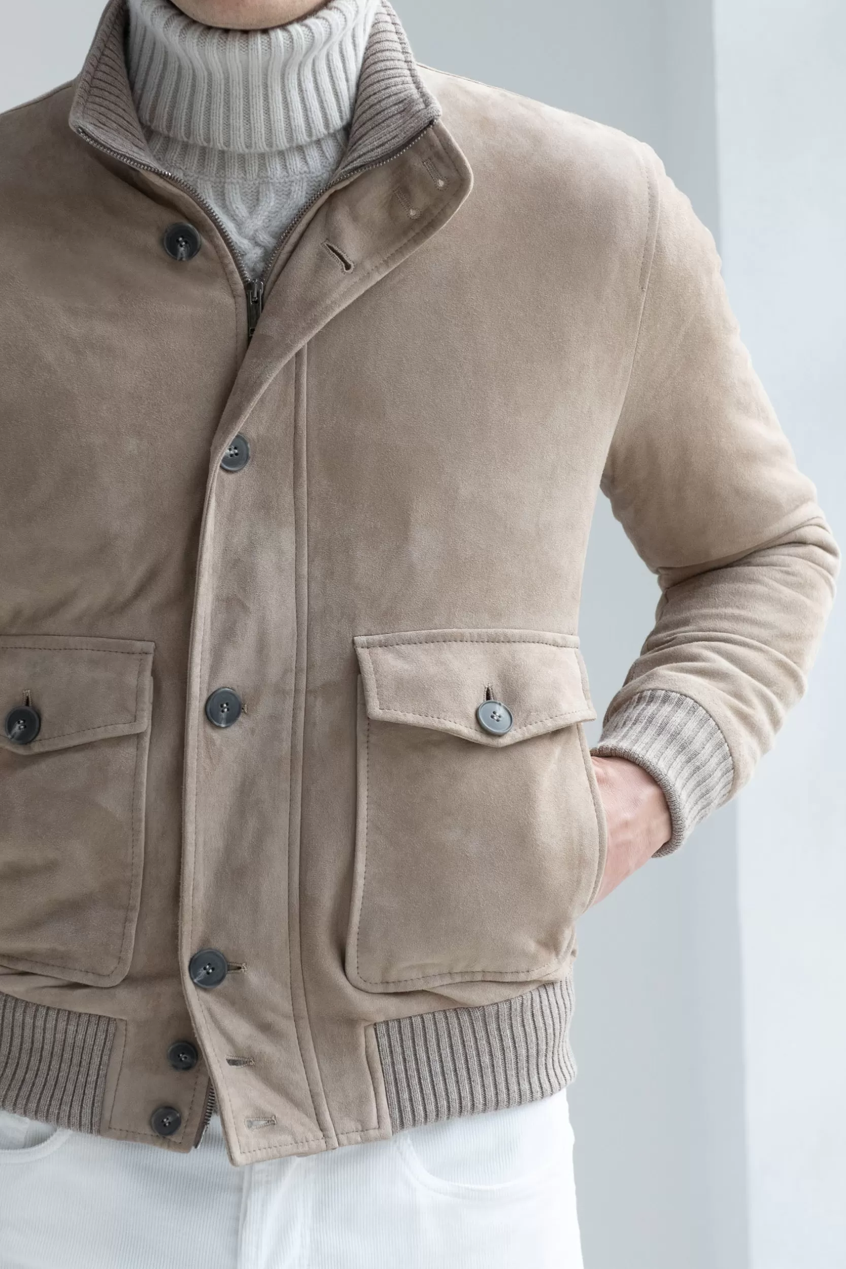 Hot Pini Parma Bomber In Suede Beige – Made In Italy