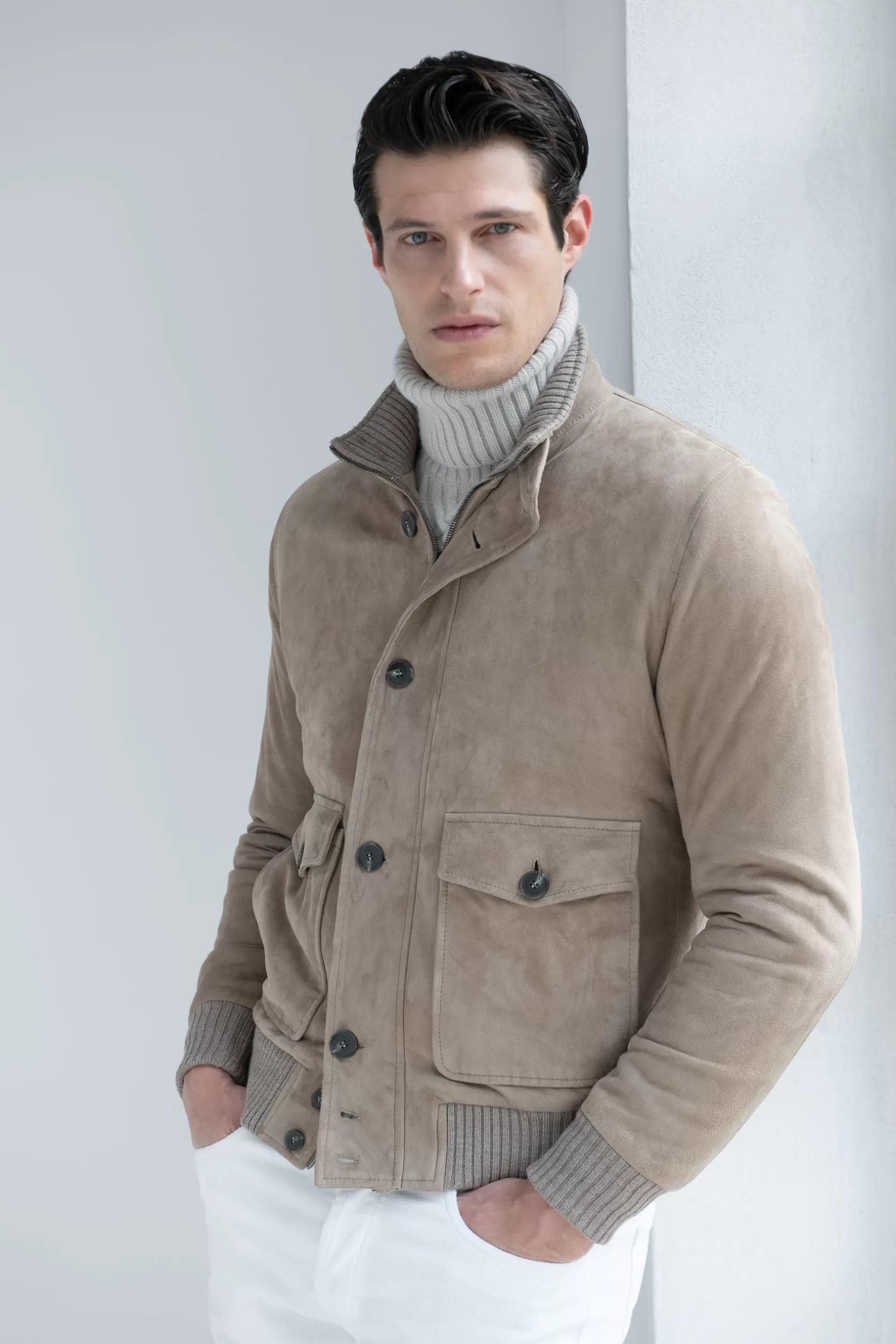 Hot Pini Parma Bomber In Suede Beige – Made In Italy