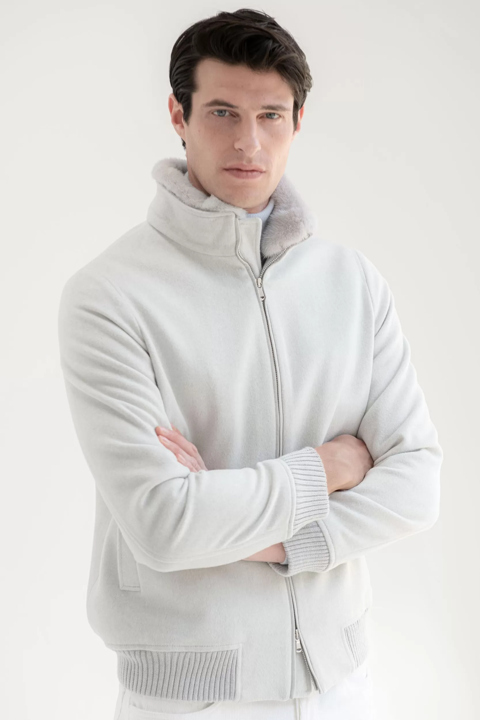 Hot Pini Parma Bomber Off-white Con Collo In Visone Removibile – Made In Italy Bianco