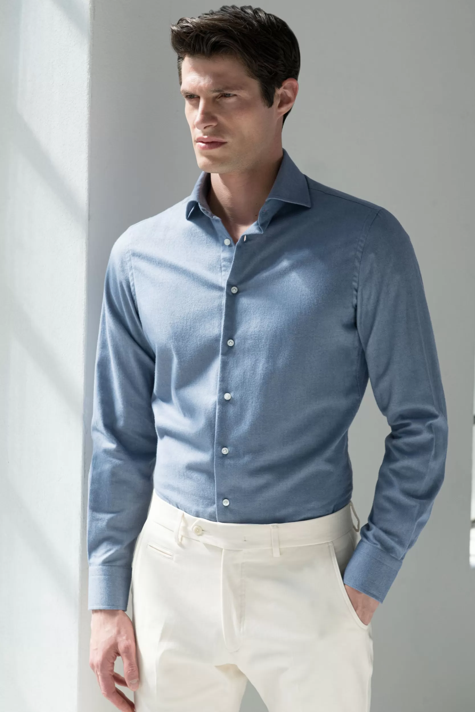 Best Pini Parma Camicia Avio Warm Touch - Made In Italy Blue Avio