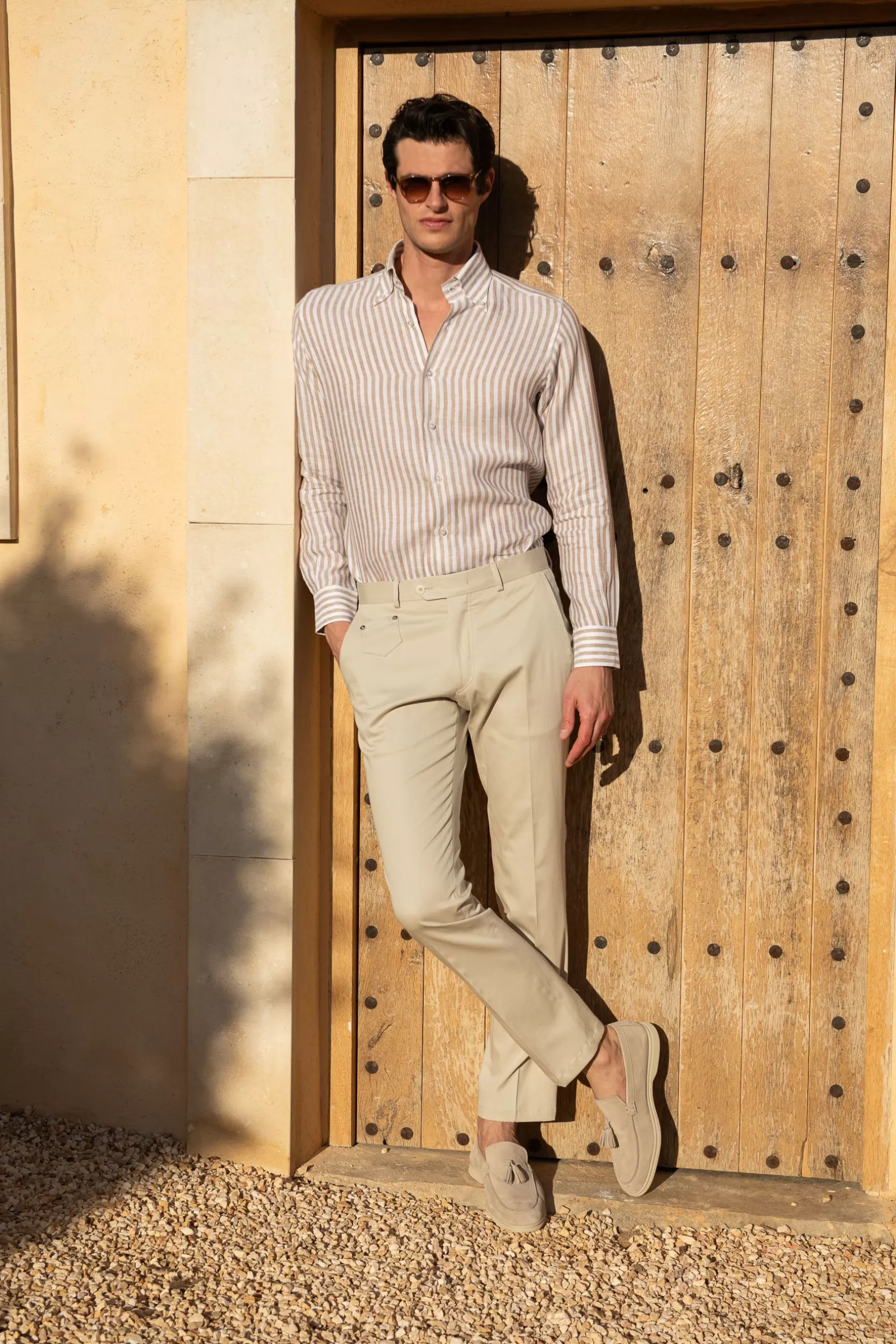 Outlet Pini Parma Camicia Button Down In Lino A Righe - Made In Italy Beige