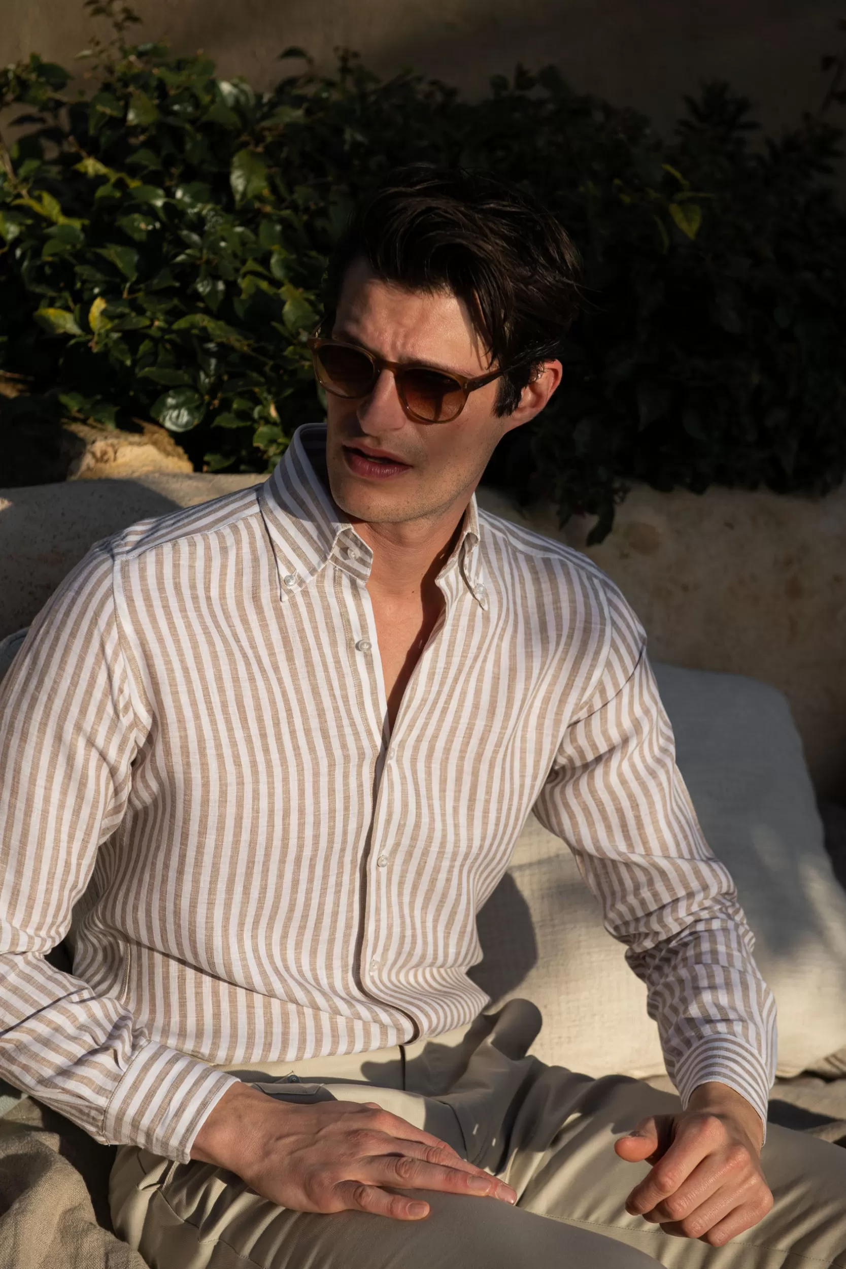 Outlet Pini Parma Camicia Button Down In Lino A Righe - Made In Italy Beige