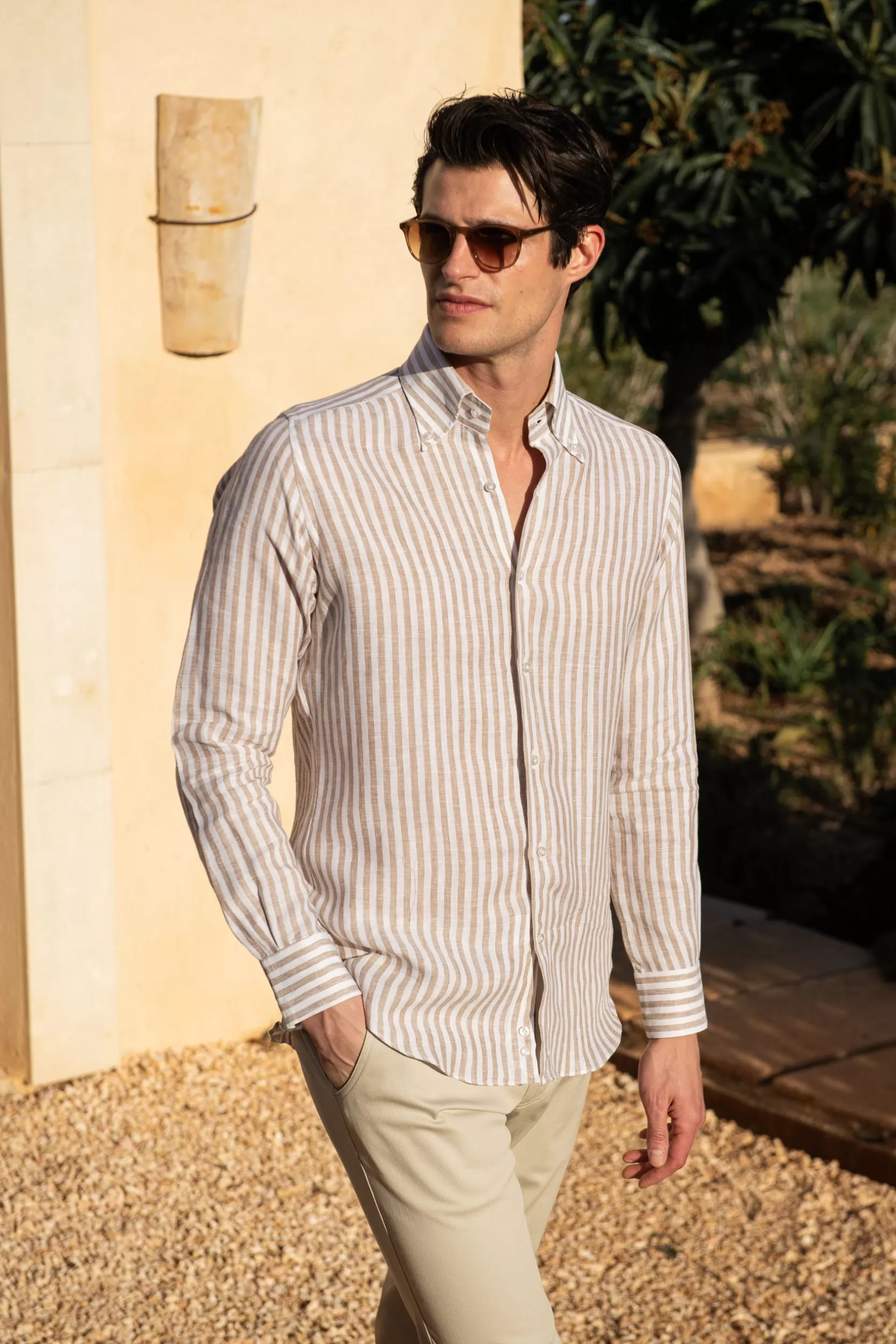 Outlet Pini Parma Camicia Button Down In Lino A Righe - Made In Italy Beige