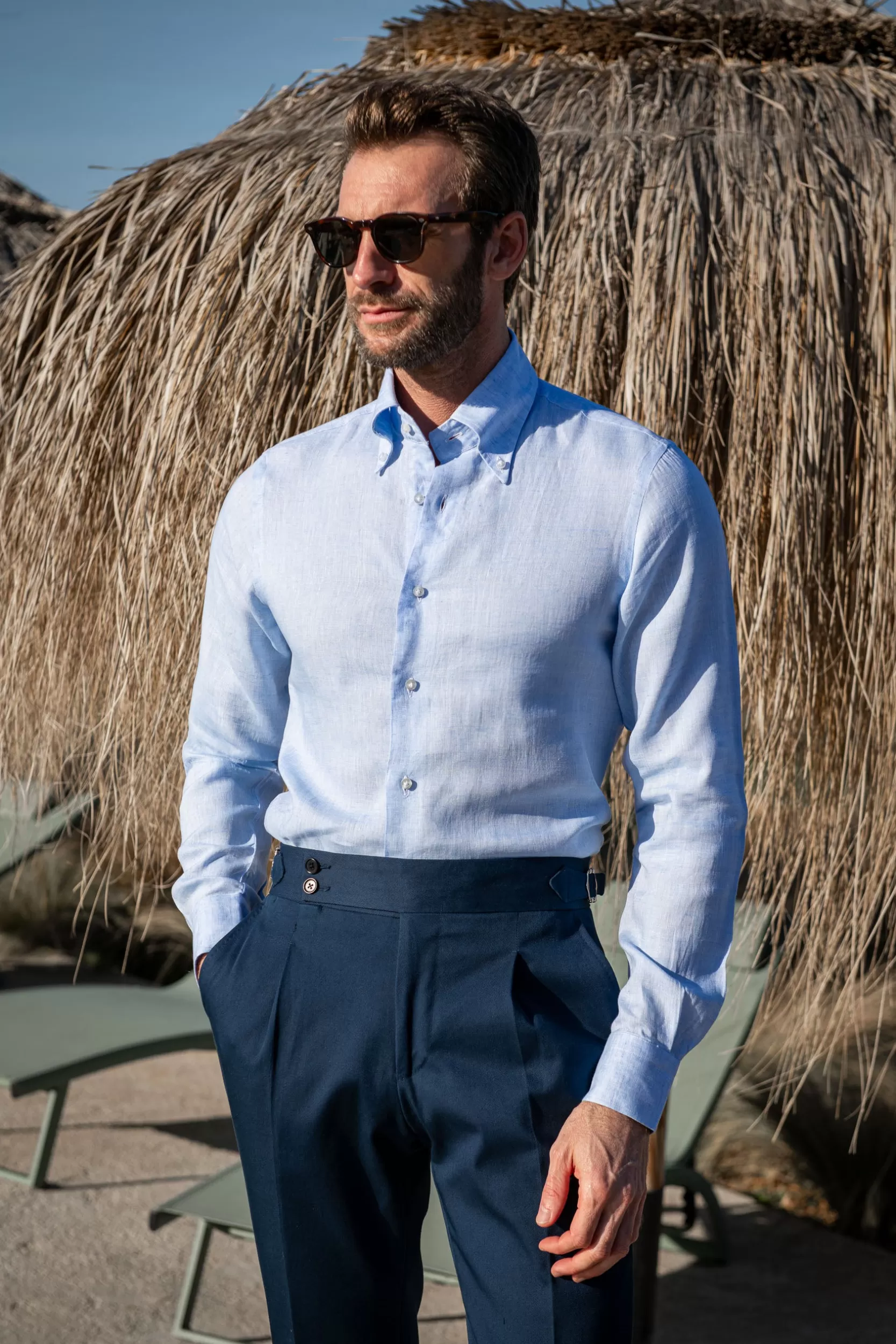 Best Pini Parma Camicia Button Down Lino - Made In Italy Azzurro