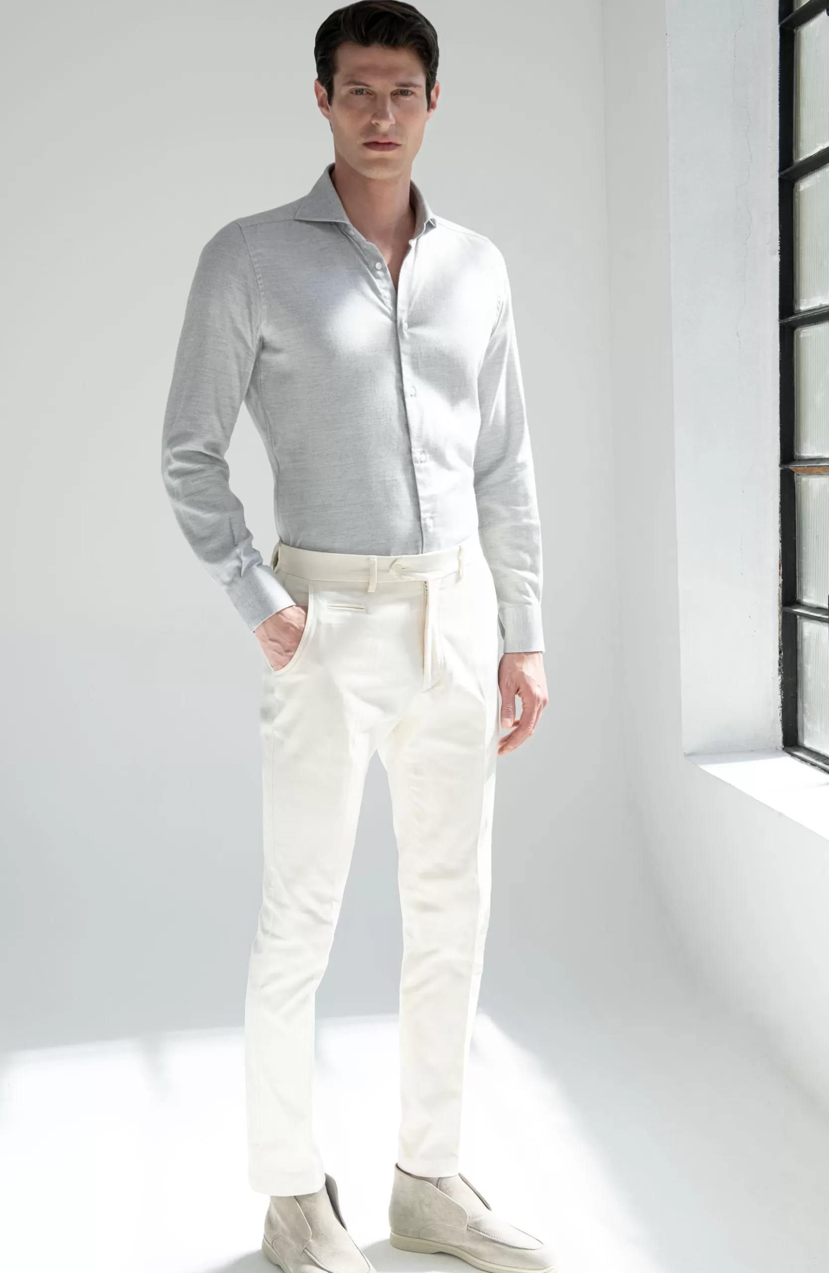 Online Pini Parma Camicia In Cotone Spigato E Tencel™ - Made In Italy Grigio chiaro