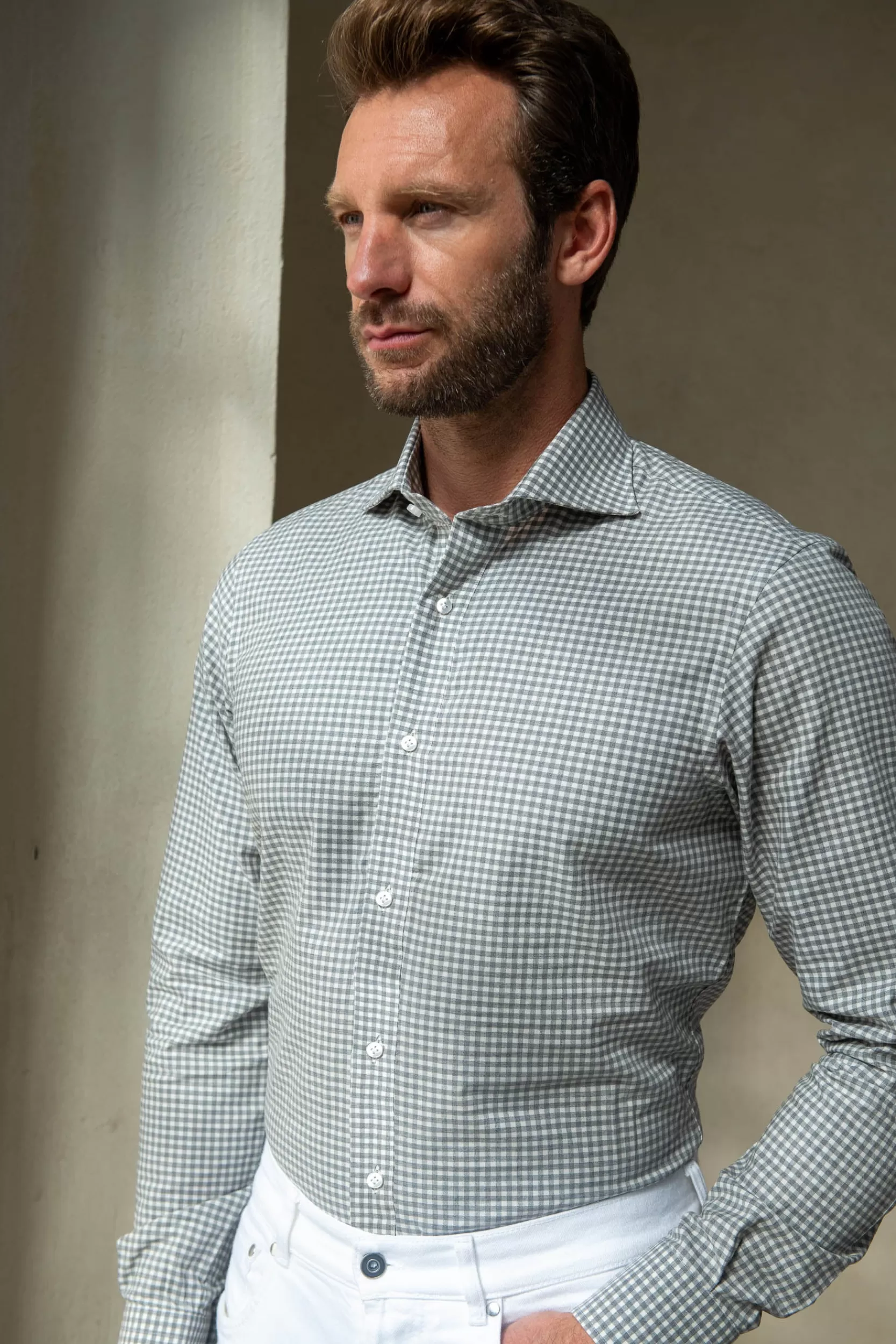 Outlet Pini Parma Camicia In Vichy Grigio Chiaro - Made In Italy