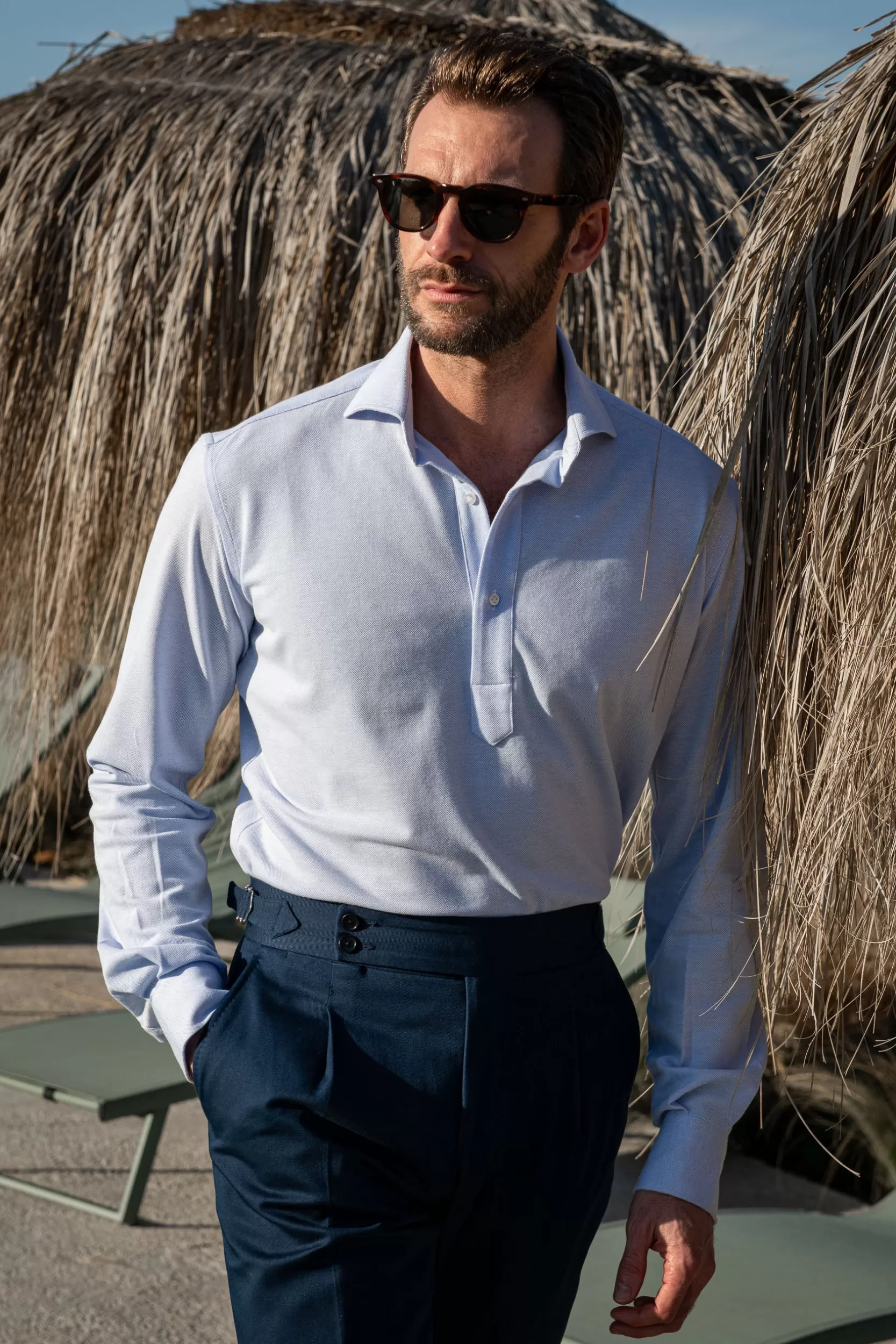 Fashion Pini Parma Camicia Popover In Jersey - Made In Italy Azzurro