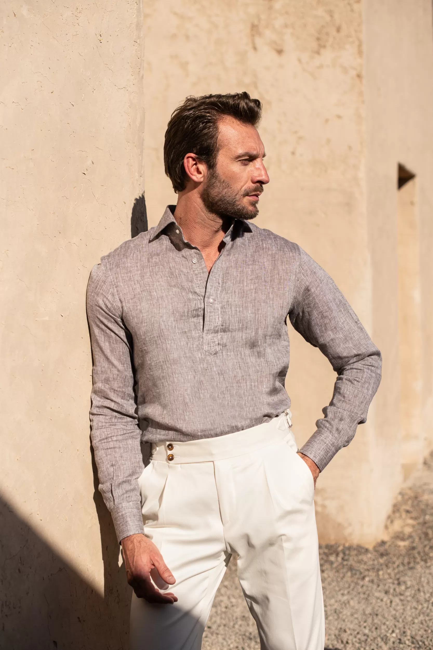 Outlet Pini Parma Camicia Popover In Lino Desert - Made In Italy
