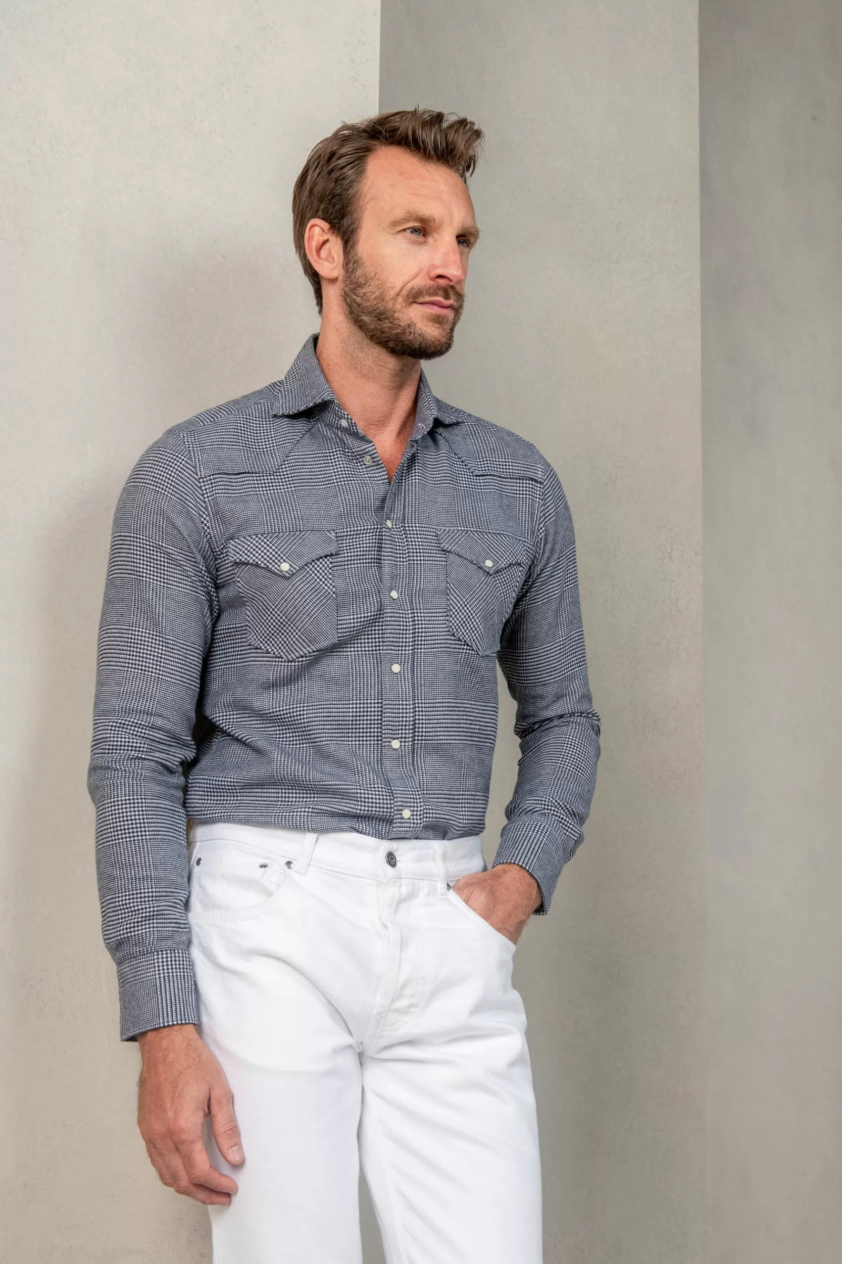 Discount Pini Parma Camicia Western Principe Di Galles - Made In Italy Blu