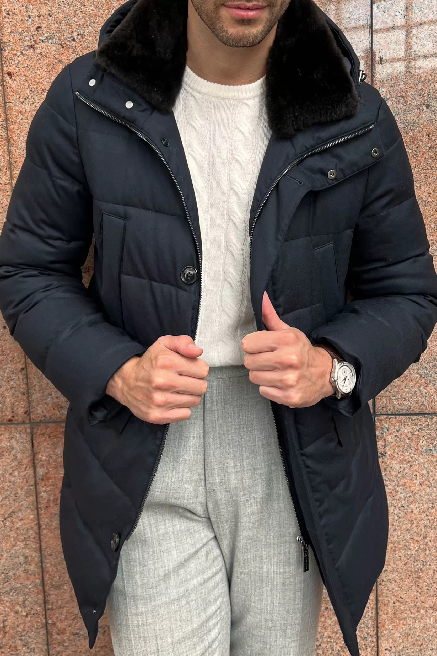 Best Pini Parma Cappotto Blu In Piumino Con Collo In Montone Staccabile – Made In Italy