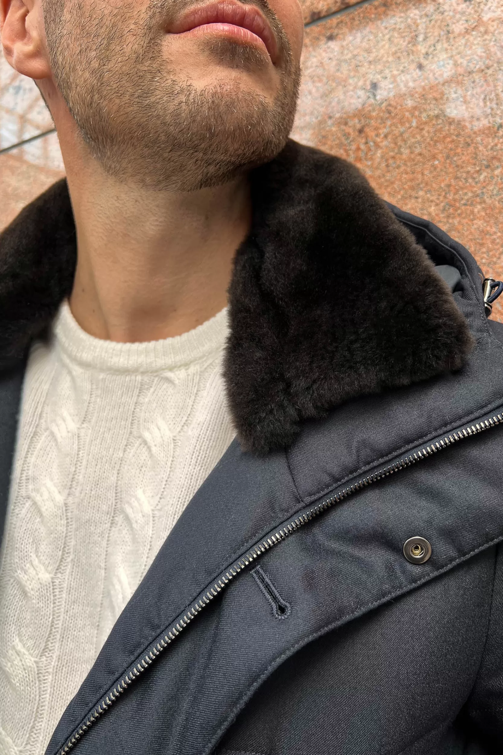 Best Pini Parma Cappotto Blu In Piumino Con Collo In Montone Staccabile – Made In Italy