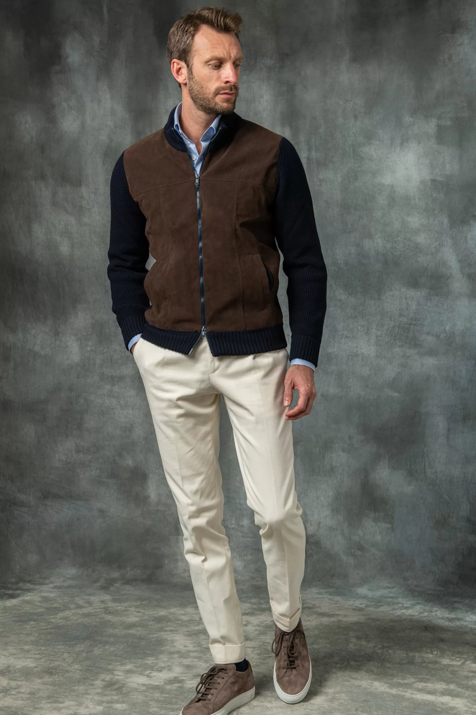 Outlet Pini Parma Cardigan Blu E Marrone - Alcantara E Lana - Made In Italy