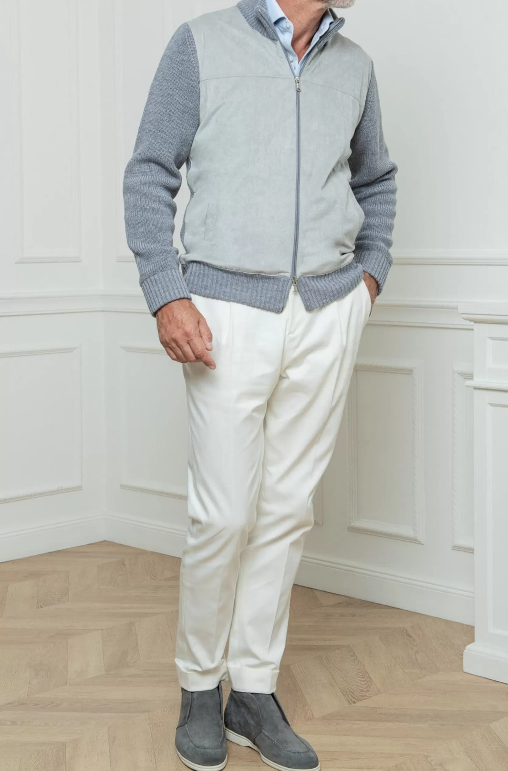 Online Pini Parma Cardigan Grigio E Grigio Chiaro - Alcantara E Lana - Made In Italy