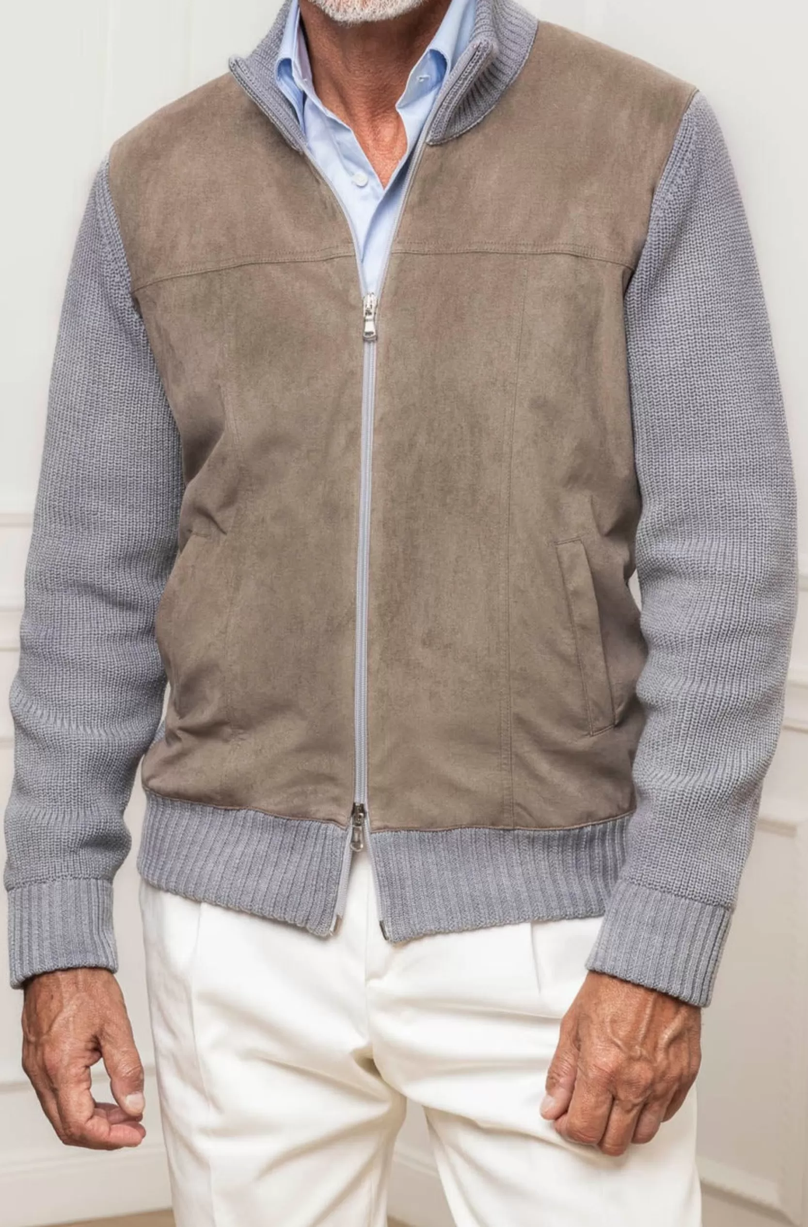Best Pini Parma Cardigan Grigio E Tortora - Alcantara E Lana - Made In Italy