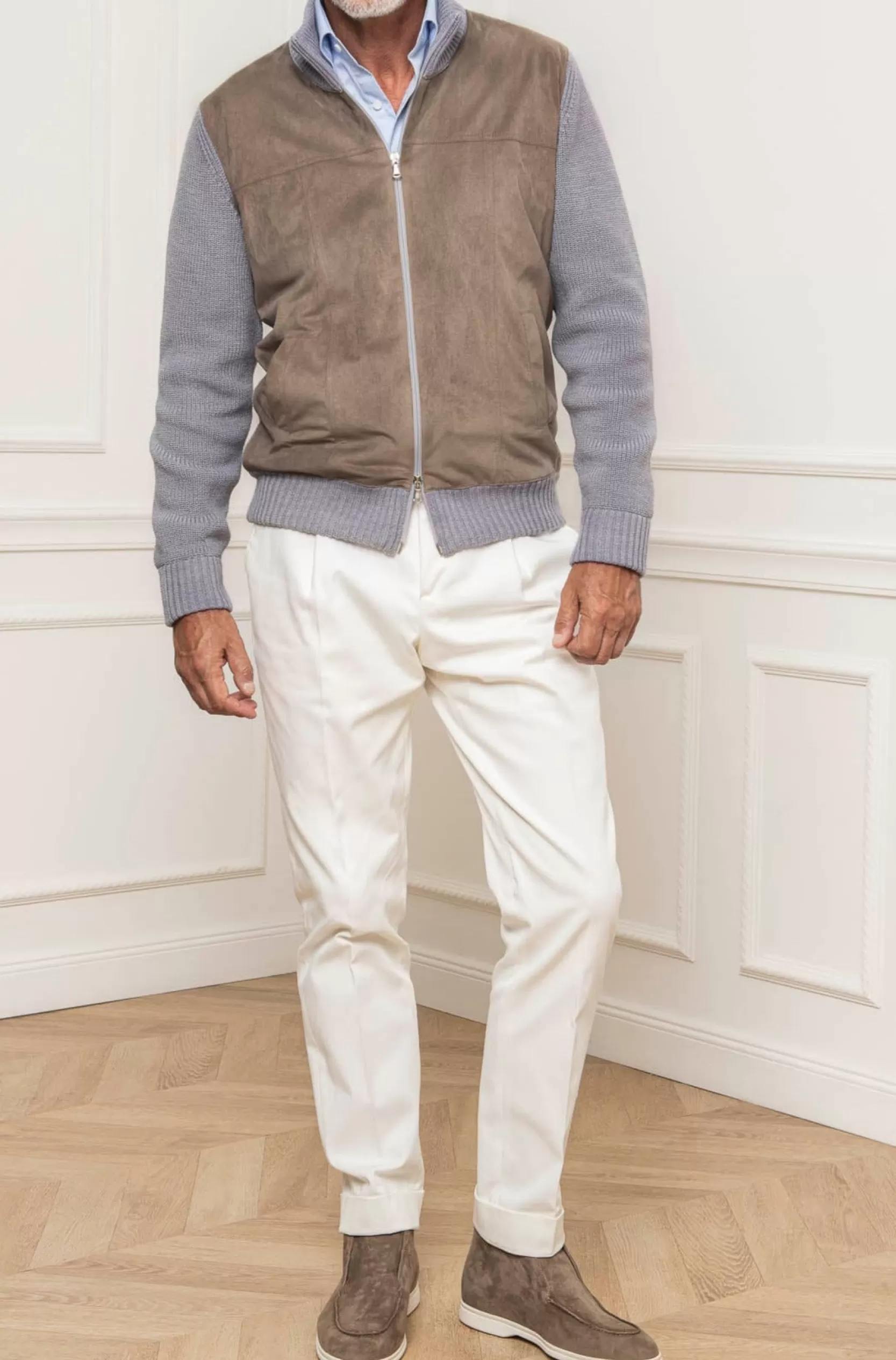 Best Pini Parma Cardigan Grigio E Tortora - Alcantara E Lana - Made In Italy