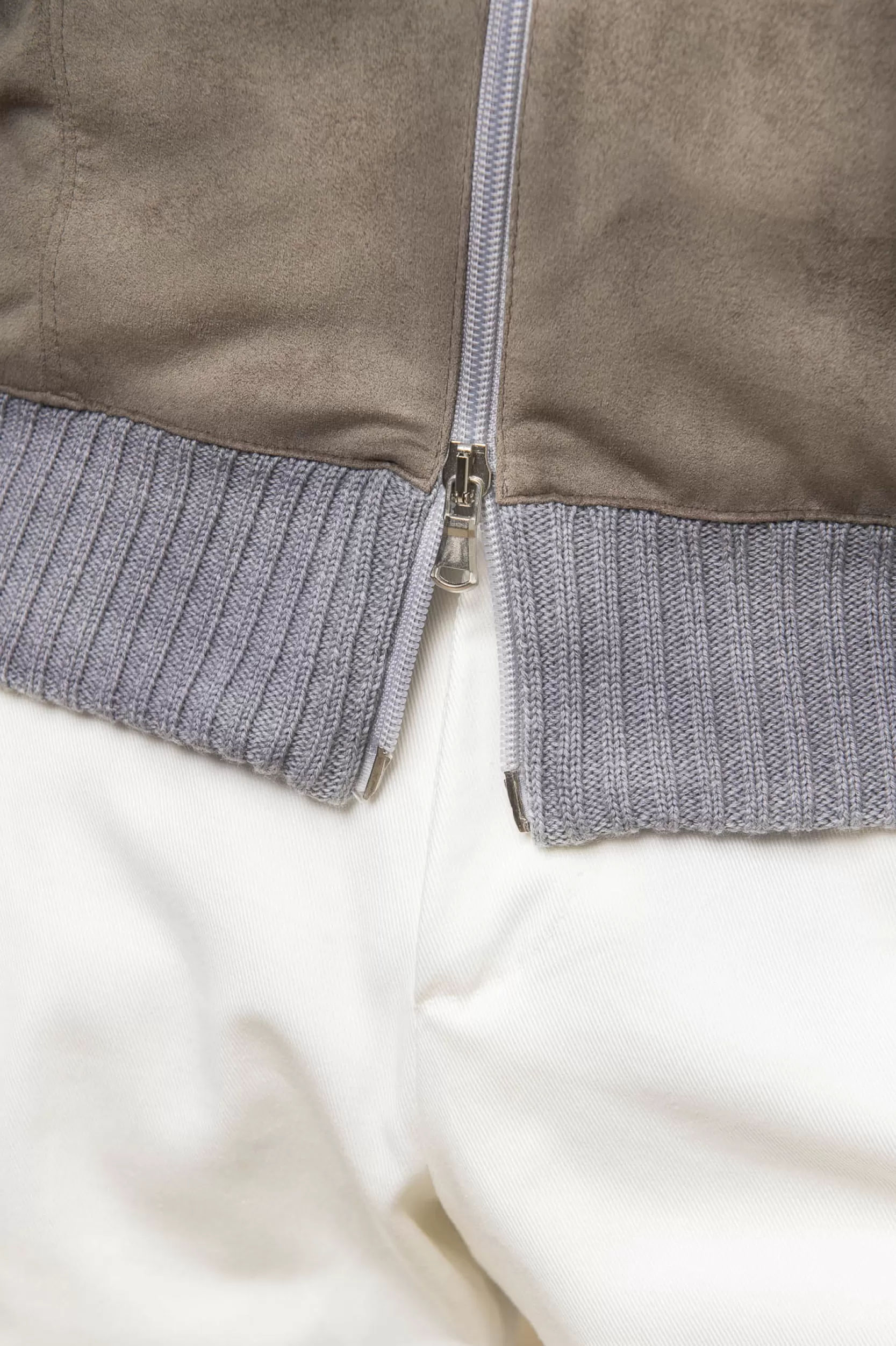 Best Pini Parma Cardigan Grigio E Tortora - Alcantara E Lana - Made In Italy