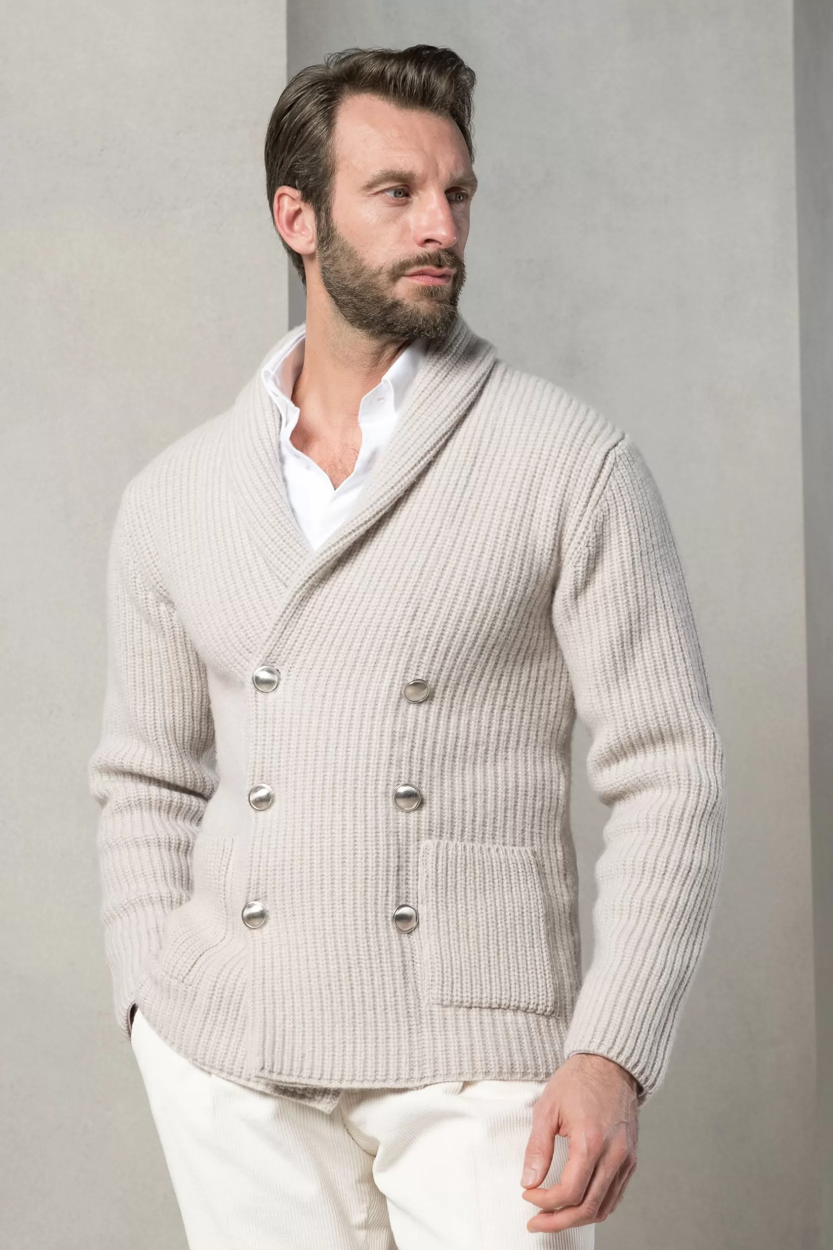 Store Pini Parma Cardigan In Lana E Cashmere Color Sabbia - Made In Italy