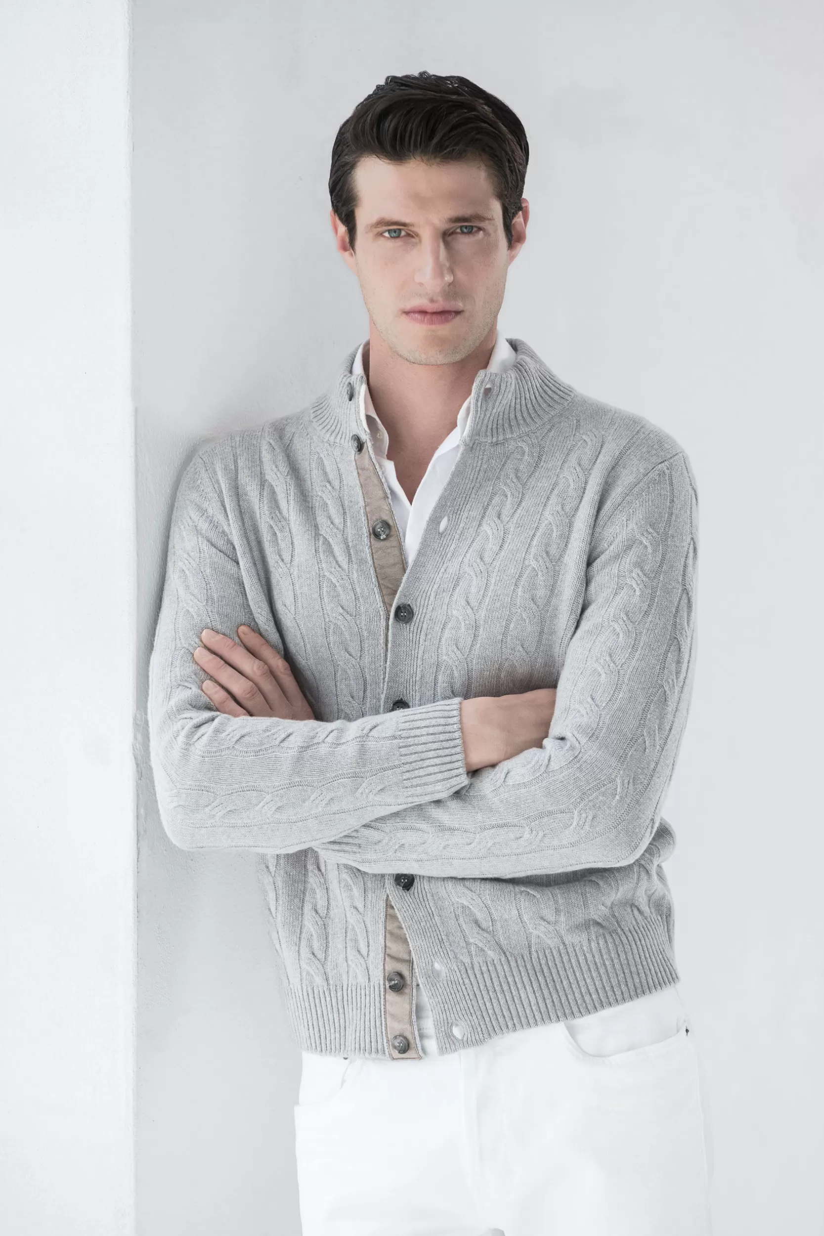 Cheap Pini Parma Cardigan In Maglia A Trecce – Made In Italy Grigio chiaro