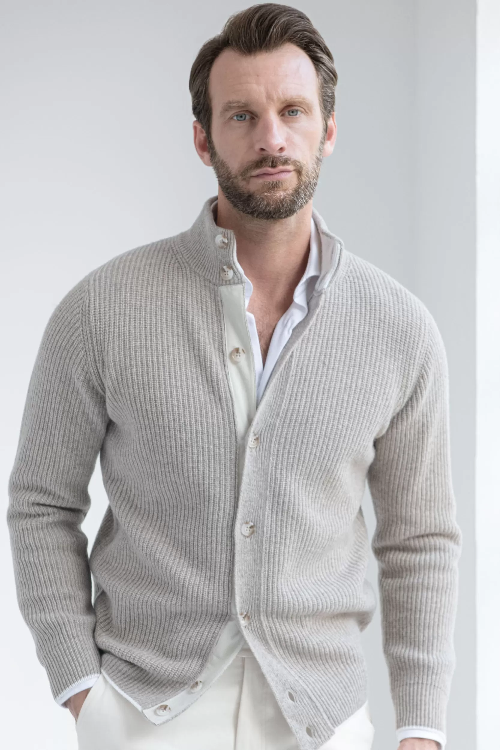 New Pini Parma Cardigan In Misto Cashmere A Coste Color Tortora – Made In Italy Talpa