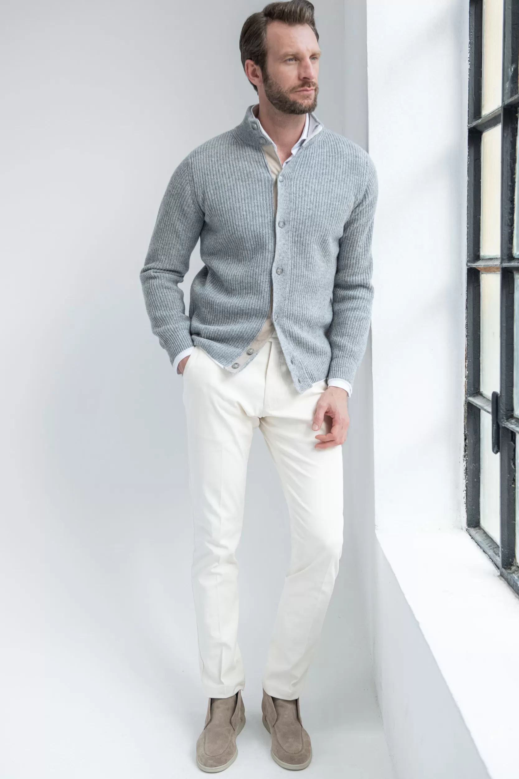 Fashion Pini Parma Cardigan In Misto Cashmere A Coste – Made In Italy Grigio