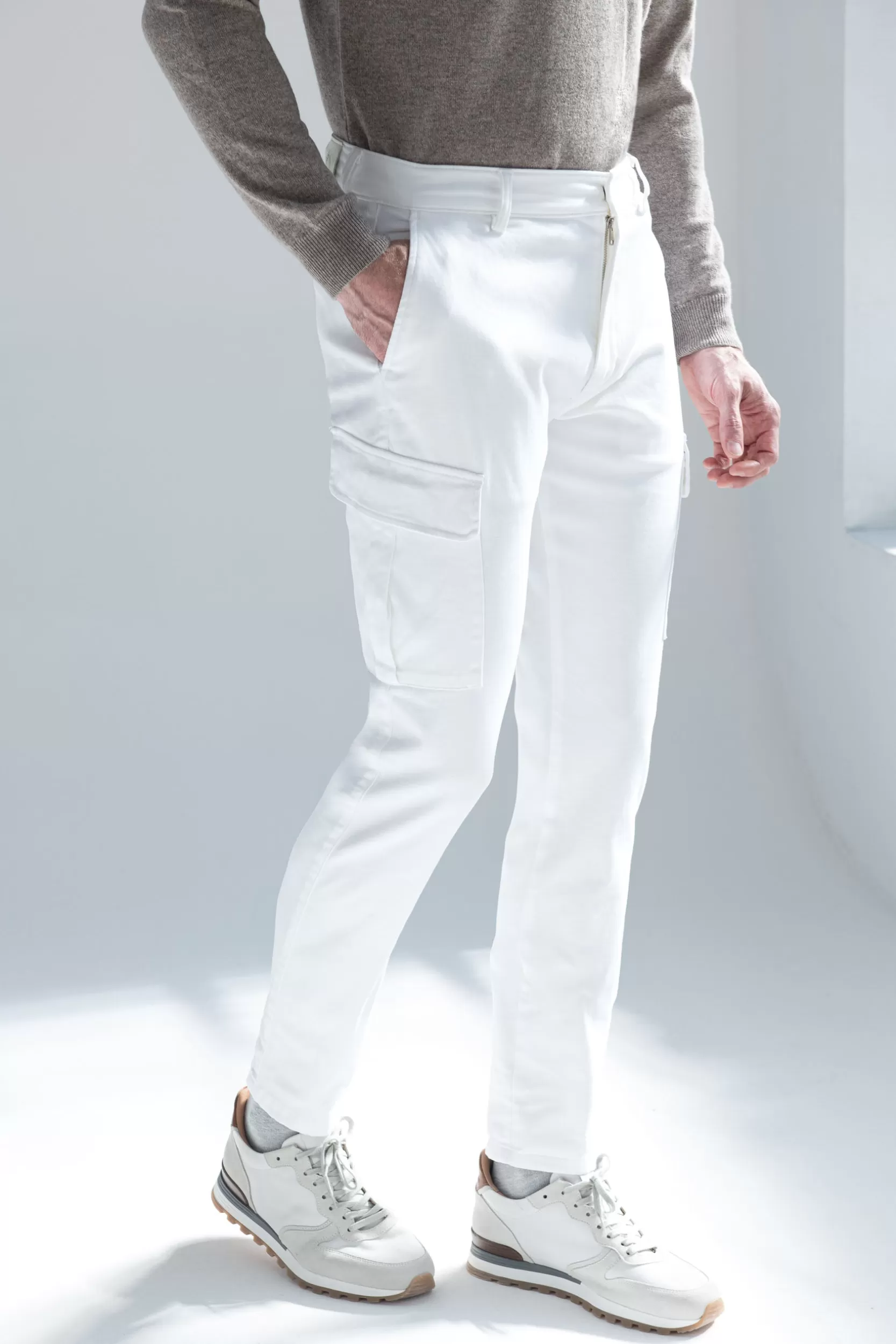Hot Pini Parma Cargo In Tela Elasticizzata Off-white Sporco - Made In Italy Bianco