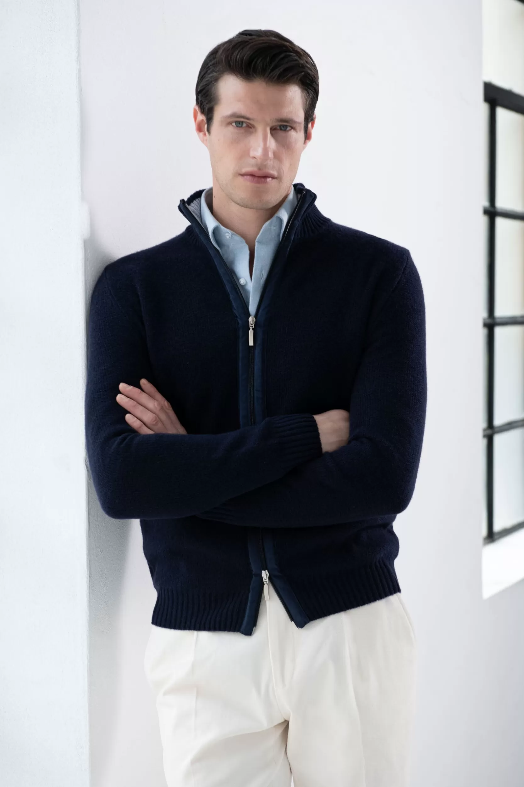 Sale Pini Parma Full Zip In Misto Cashmere Nido D'ape – Made In Italy Blu