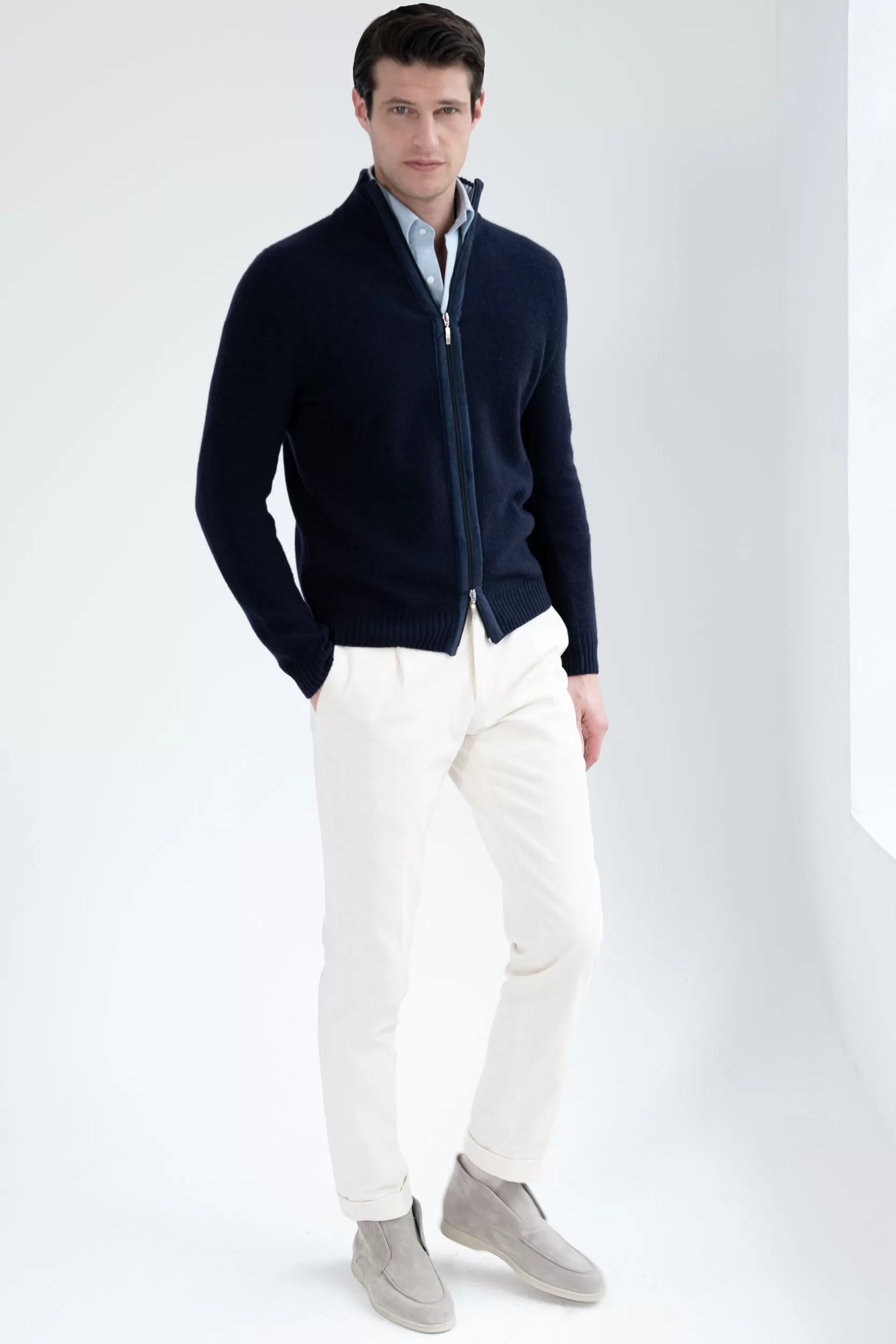 Sale Pini Parma Full Zip In Misto Cashmere Nido D'ape – Made In Italy Blu