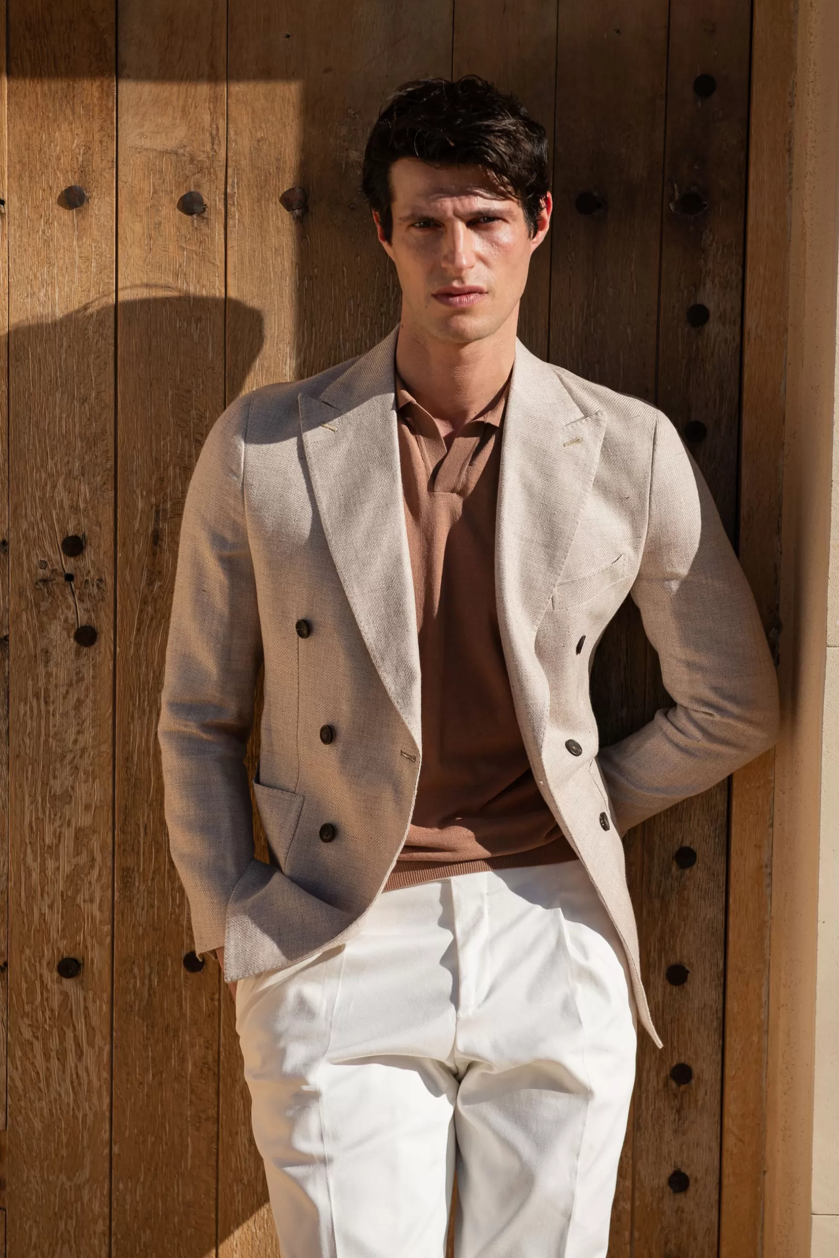 Store Pini Parma Giacca Beige Doppiopetto In Lino Cotone E Seta - Made In Italy
