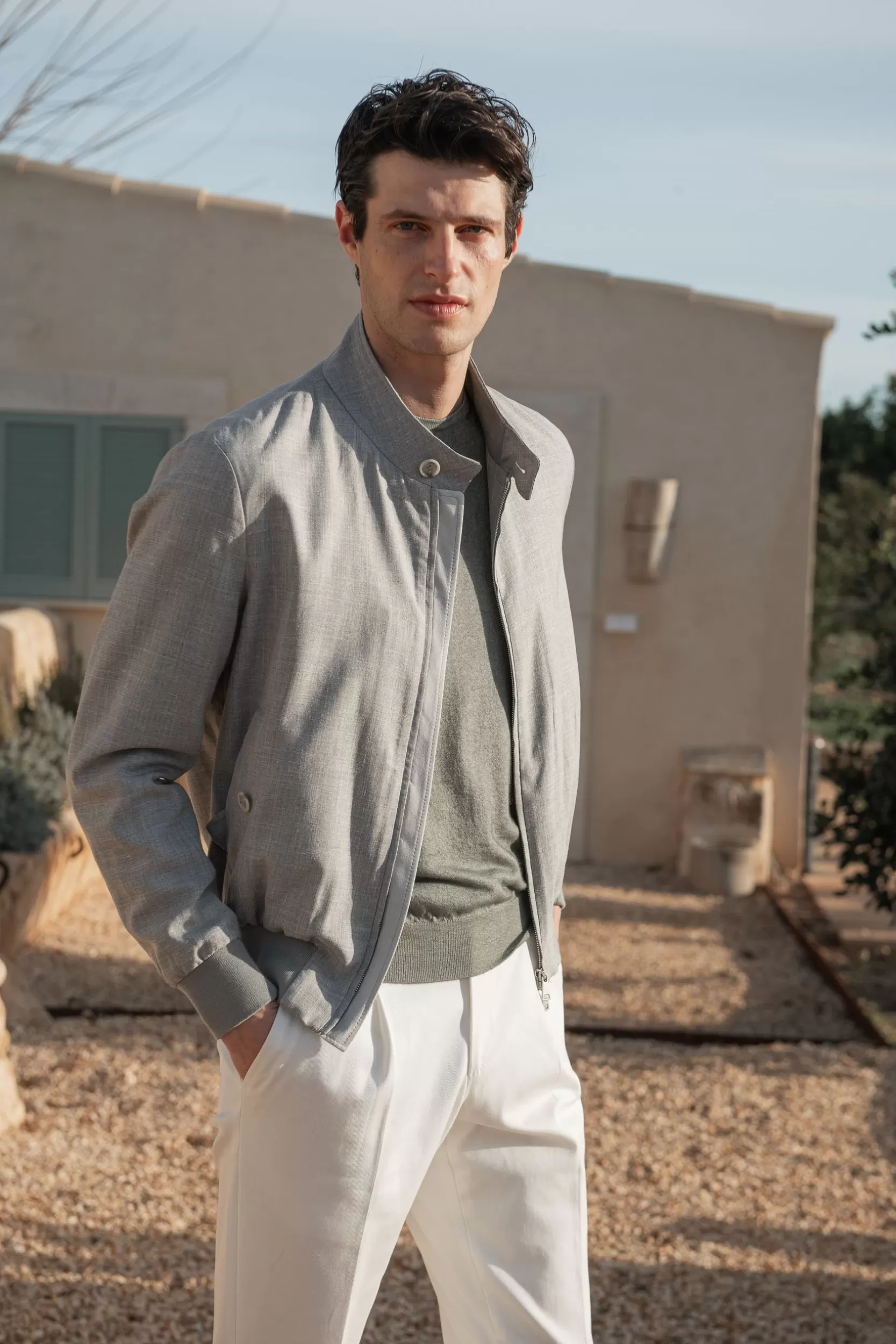 Outlet Pini Parma Giacca Corta Grigia In Tessuto Loro Piana – Made In Italy Grigio