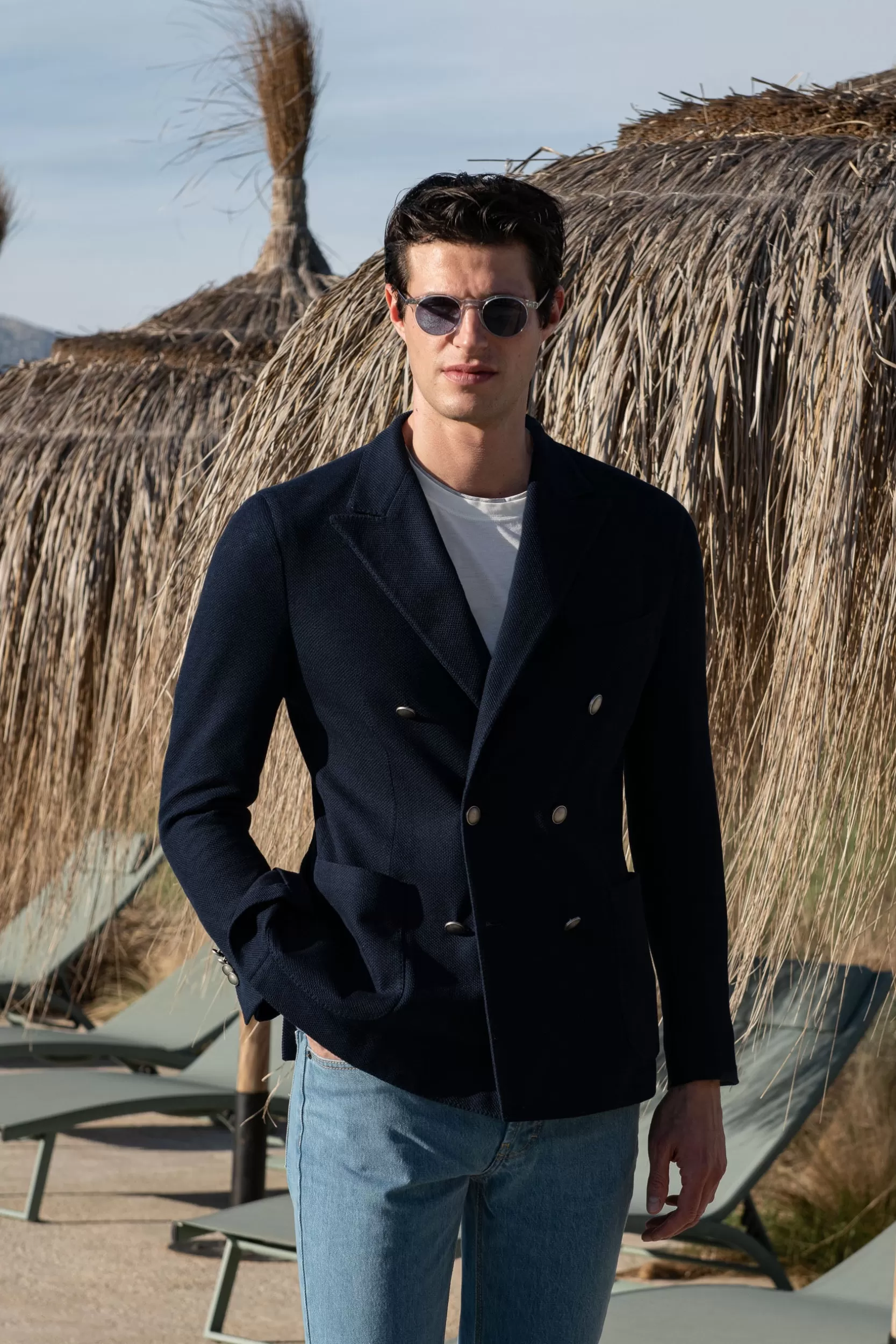 Flash Sale Pini Parma Giacca Doppiopetto In Jersey Blu Navy - Made In Italy