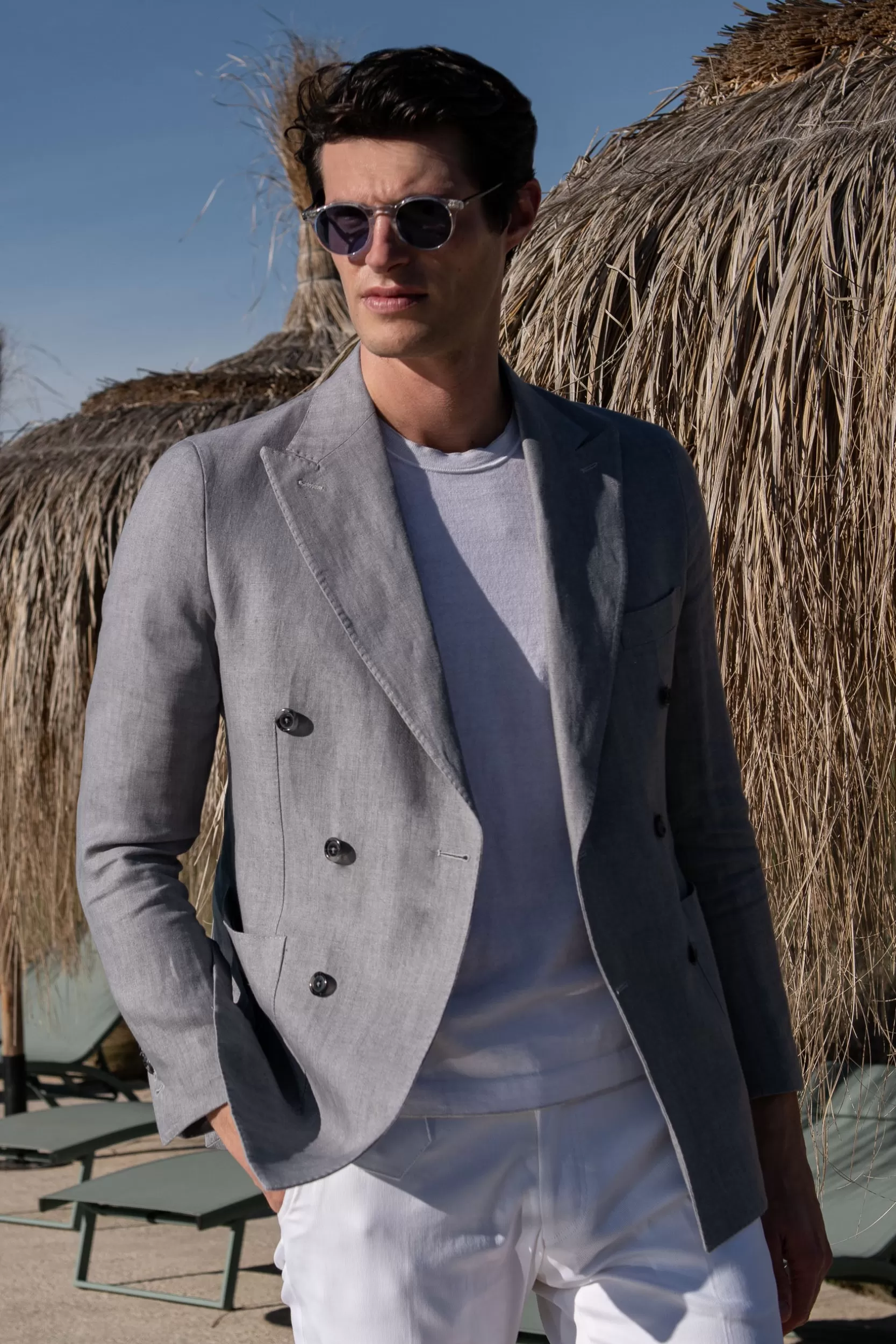 Sale Pini Parma Giacca Doppiopetto In Lino Spigato Grigio Cielo - Made In Italy