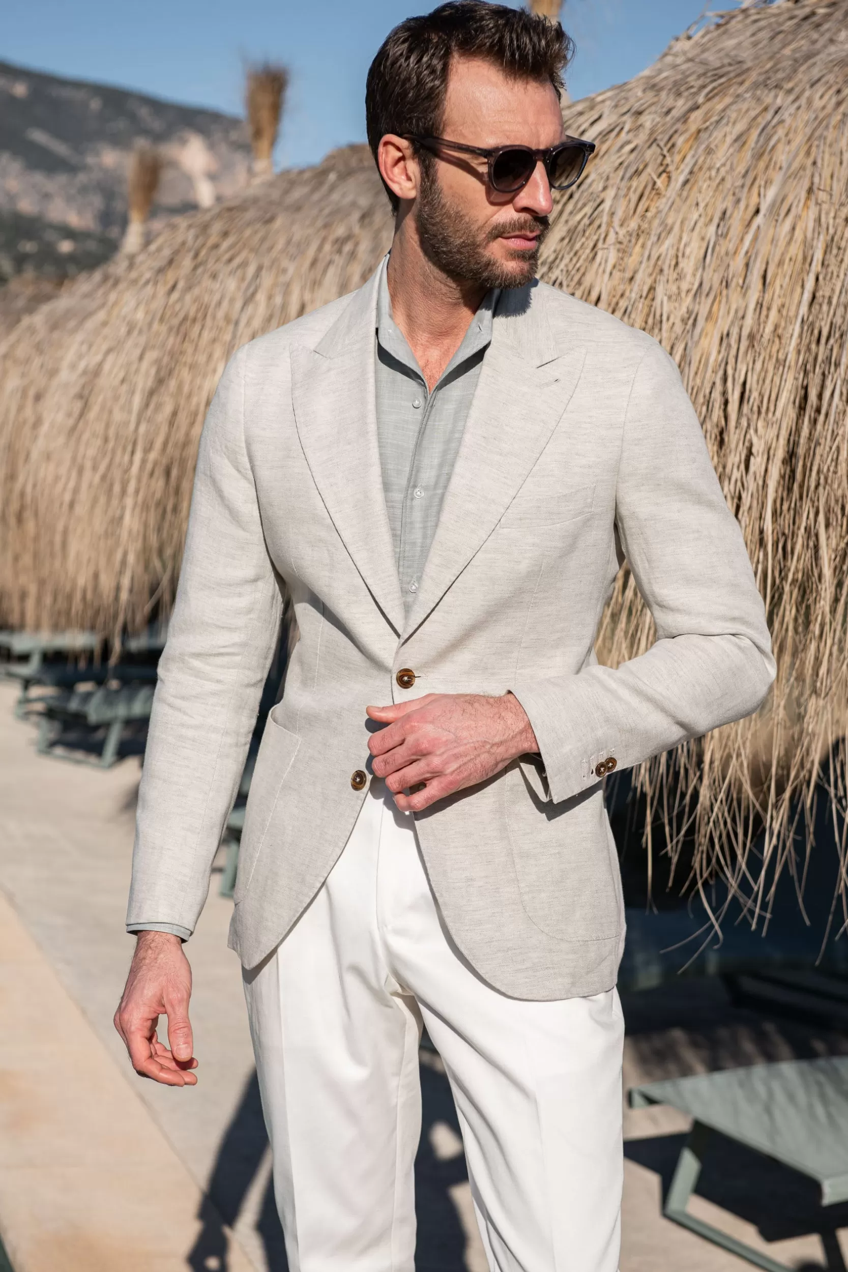 Online Pini Parma Giacca In Lino Spigato Stone "Collezione Soragna " - Made In Italy