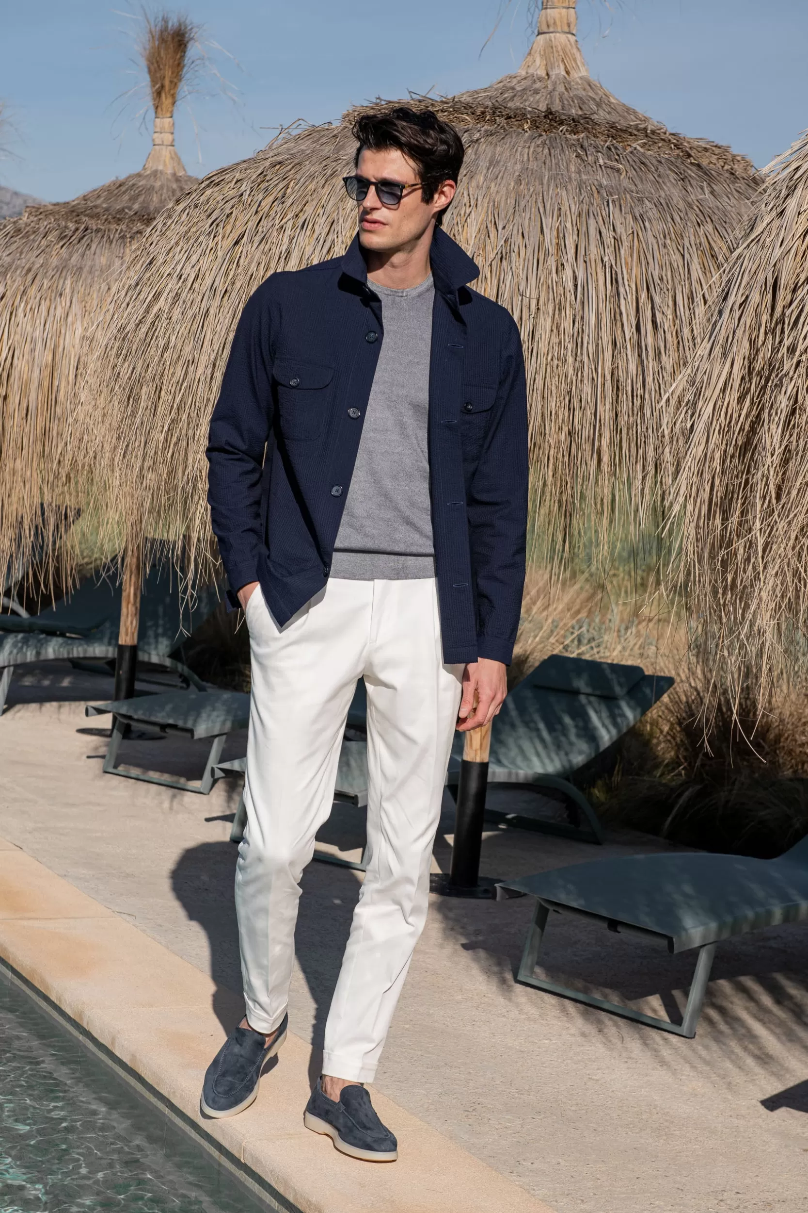 Best Pini Parma Giacca Safari Blu In Seersucker Loro Piana – Made In Italy